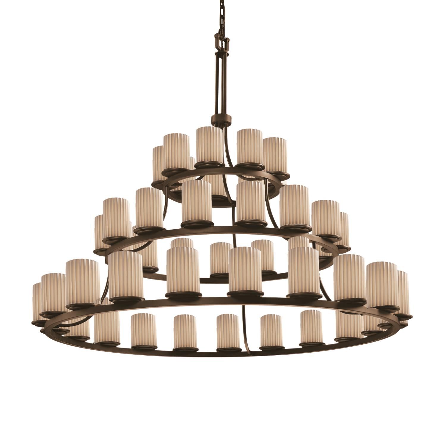Shown in Dark Bronze finish and Translucent Porcelain glass and Pleats shade and Cylinder with Flat Rim accent