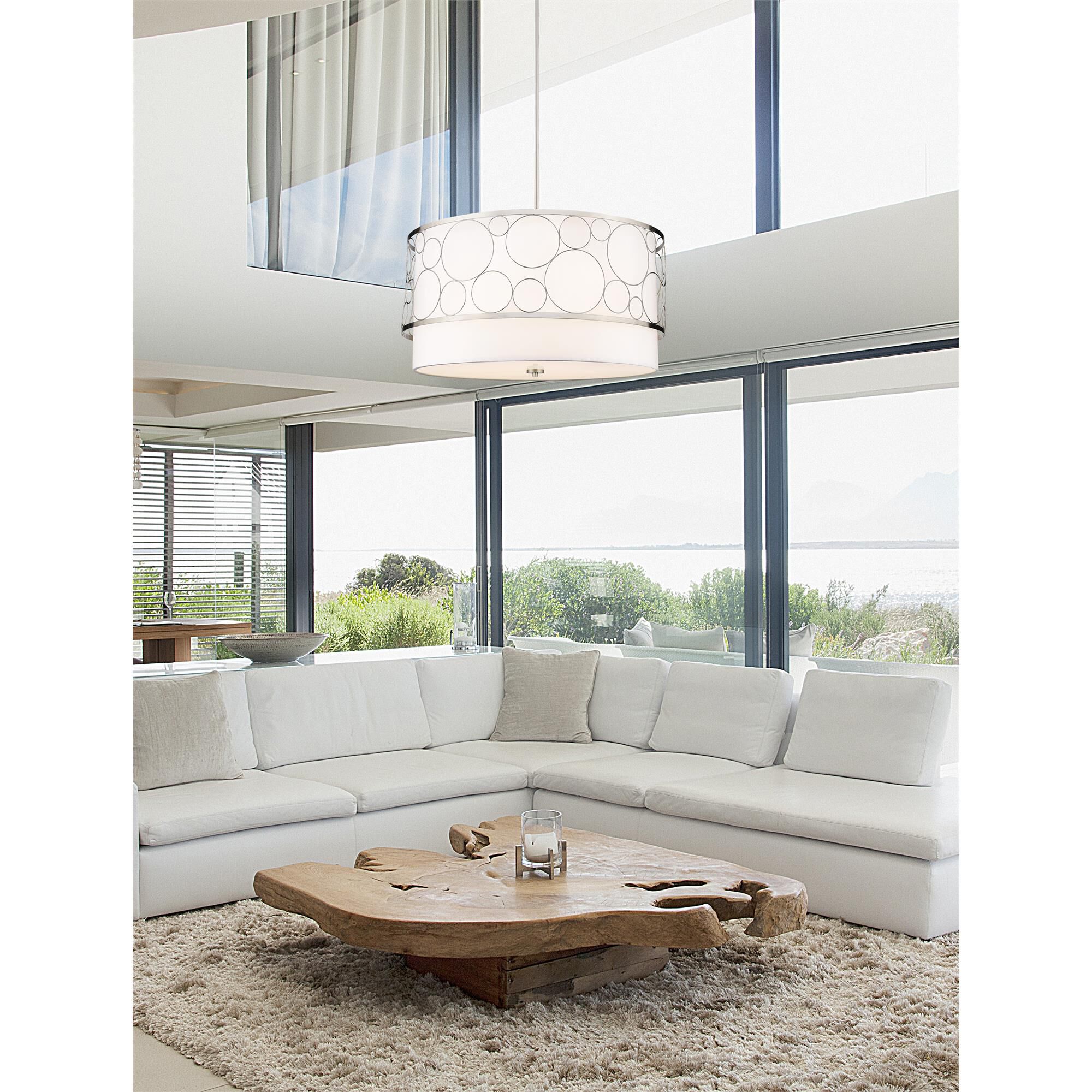 Shown in Brushed Nickel finish and White glass and White shade