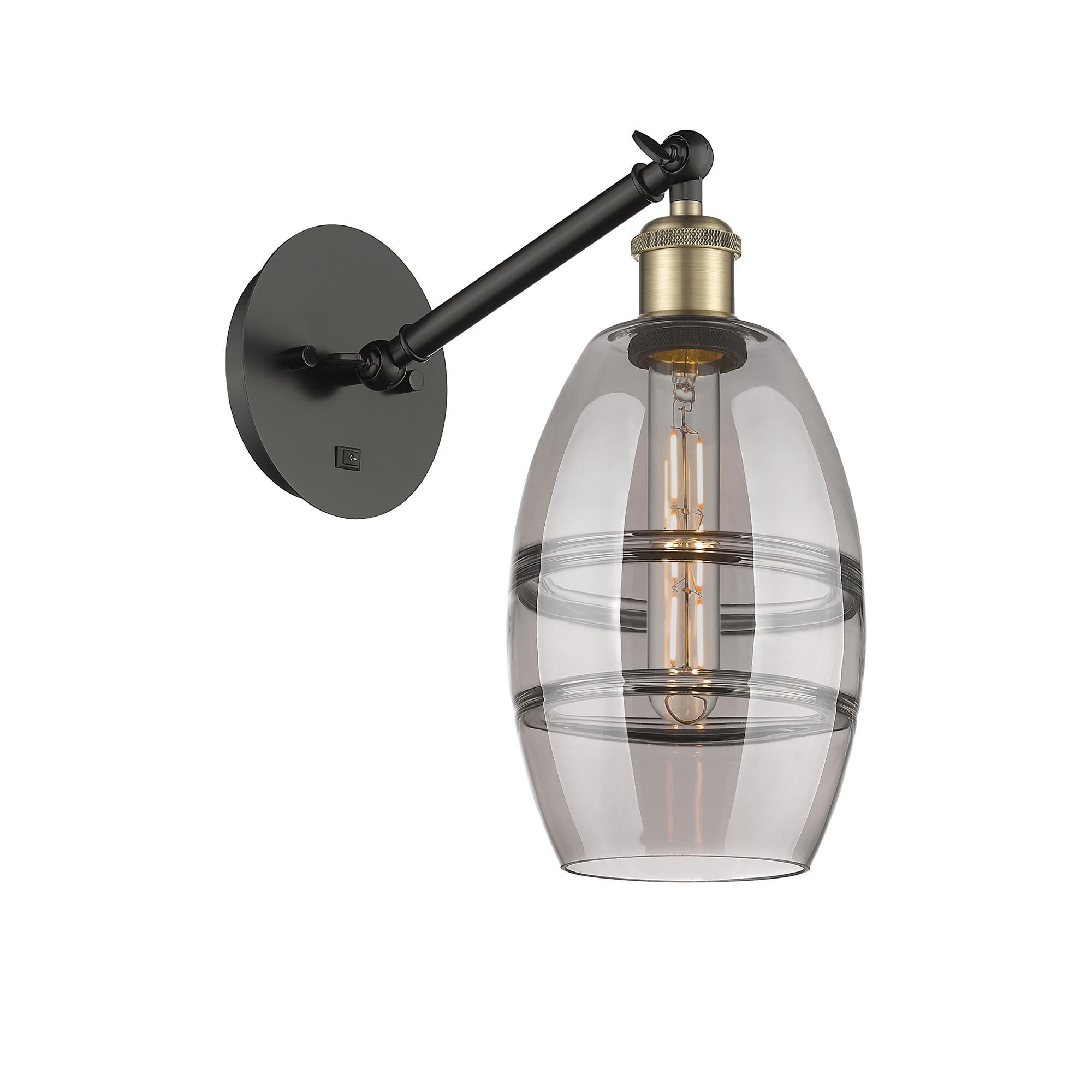 Shown in Black Antique Brass finish and Light Smoke glass