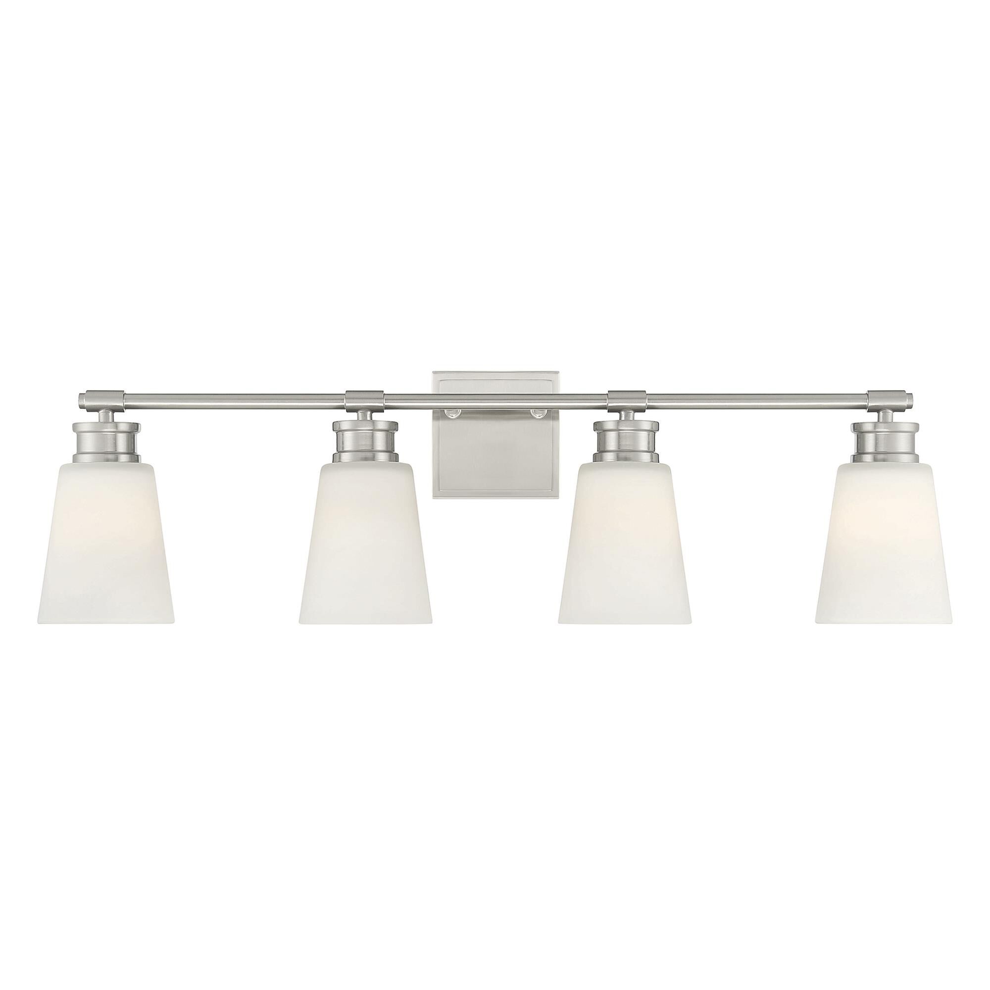 Shown in Brushed Nickel finish and Milk glass