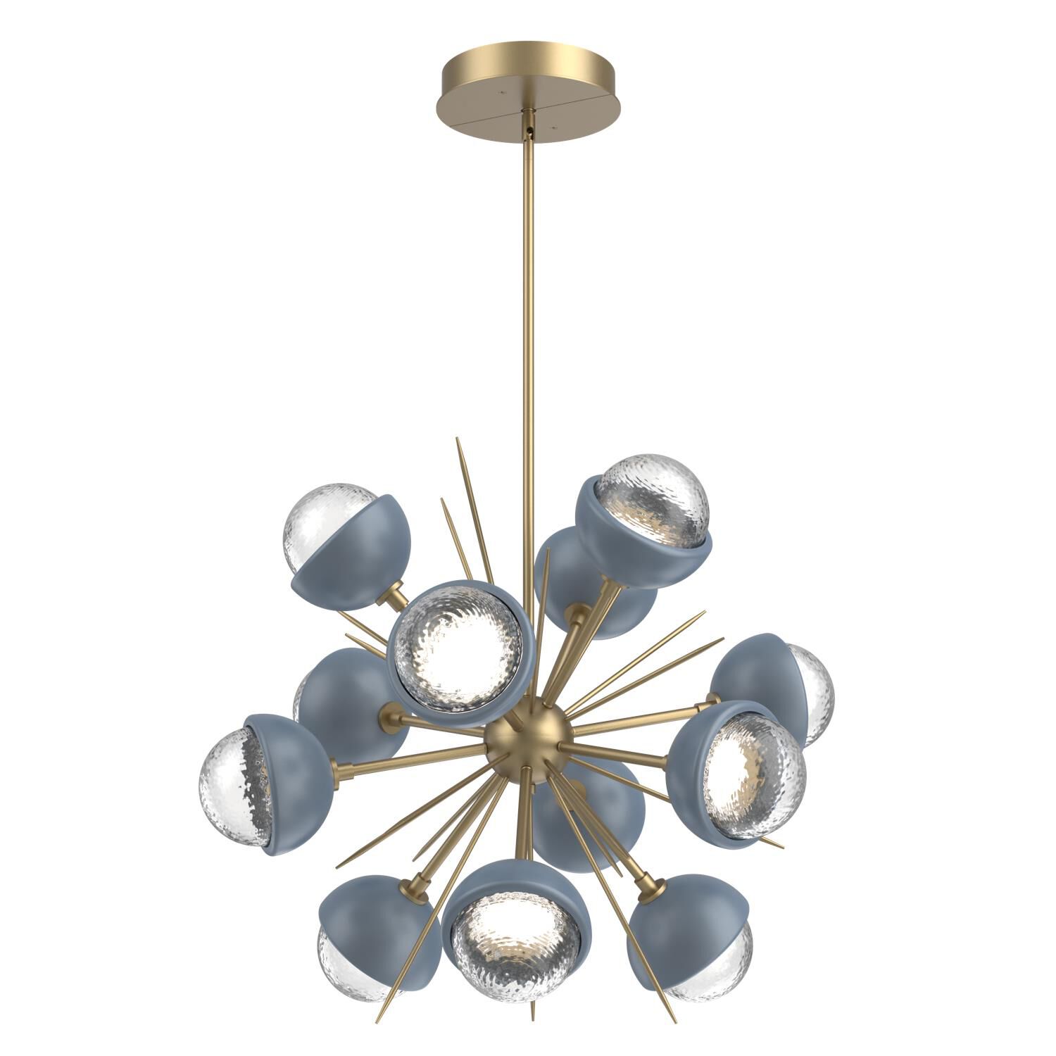Shown in Gilded Brass finish and Clear glass and Poppy Blue accent