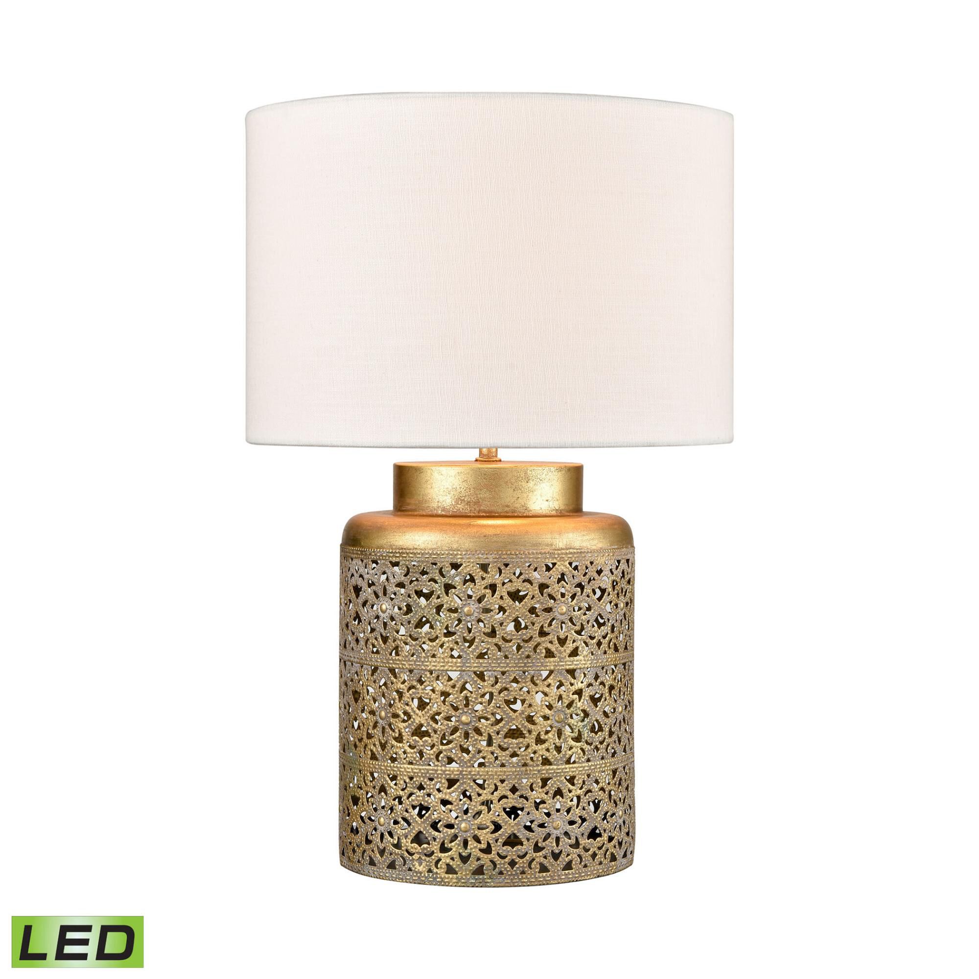 Shown in Antique Gold finish and Off White Textured Linen Drum shade