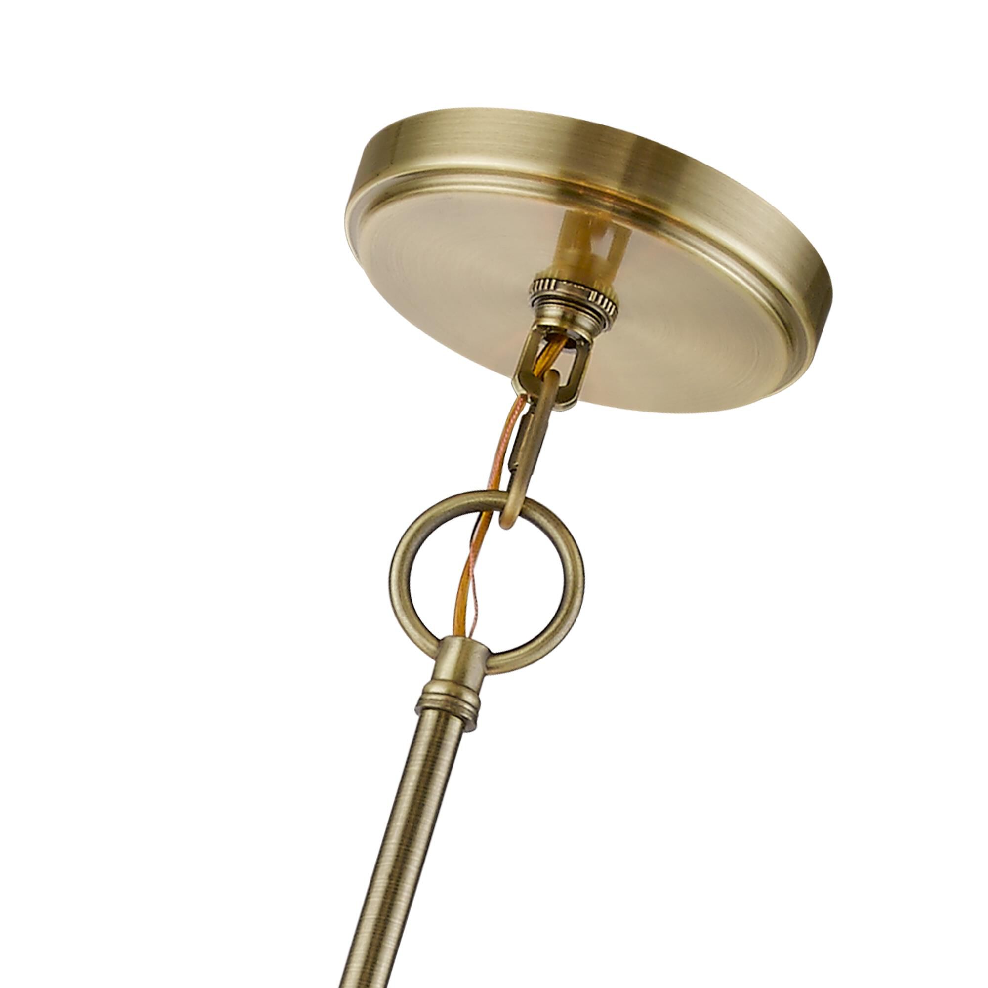 Shown in Antique Brass finish and Hand Crafted Oatmeal Color Hardback Fabric With White Fabric Inside shade