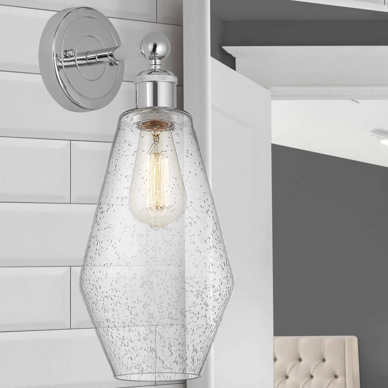 Shown in Polished Chrome  finish and Seedy glass