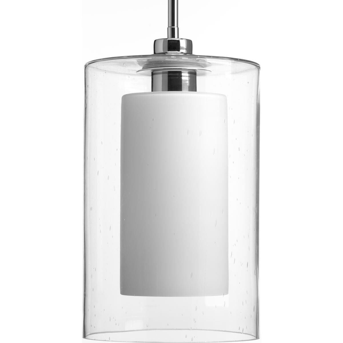 Shown in Polished Chrome finish and Etched White Inner, Seeded  Outer glass