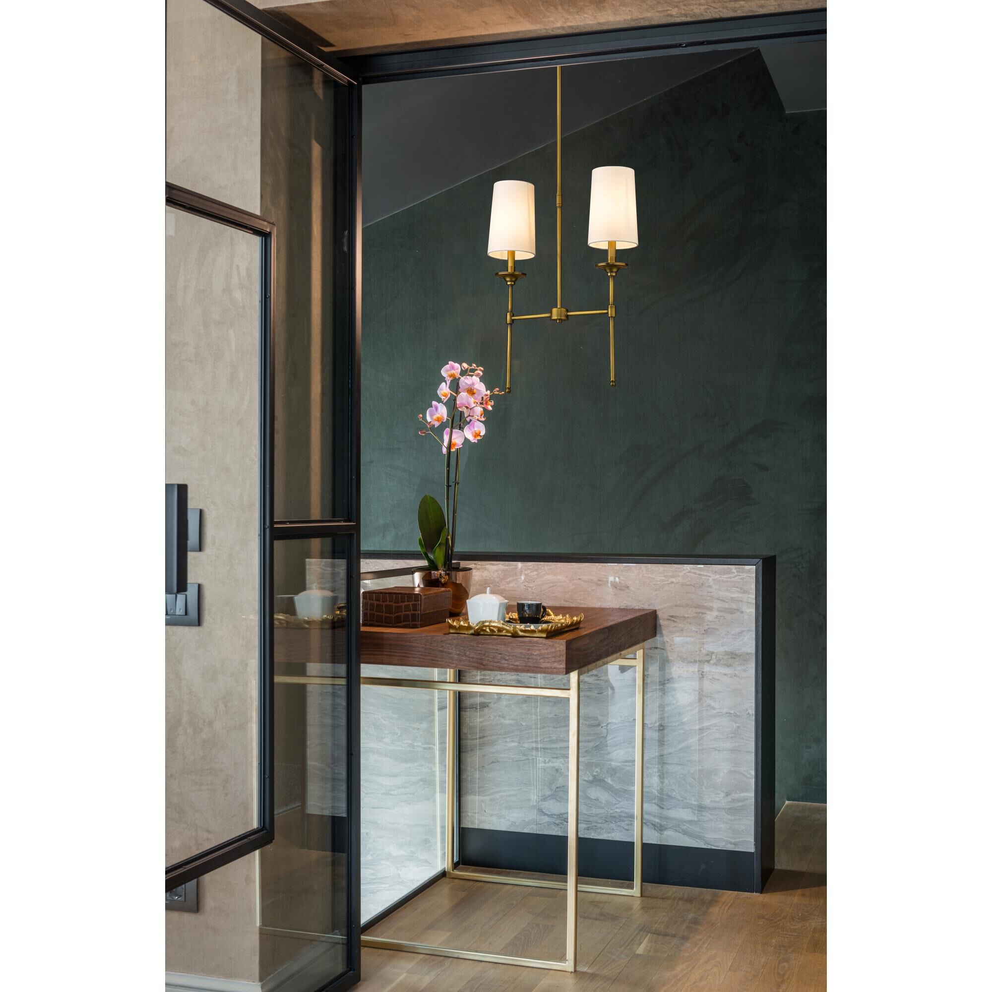 Shown in Rubbed Brass finish and No Glass glass and Off White shade