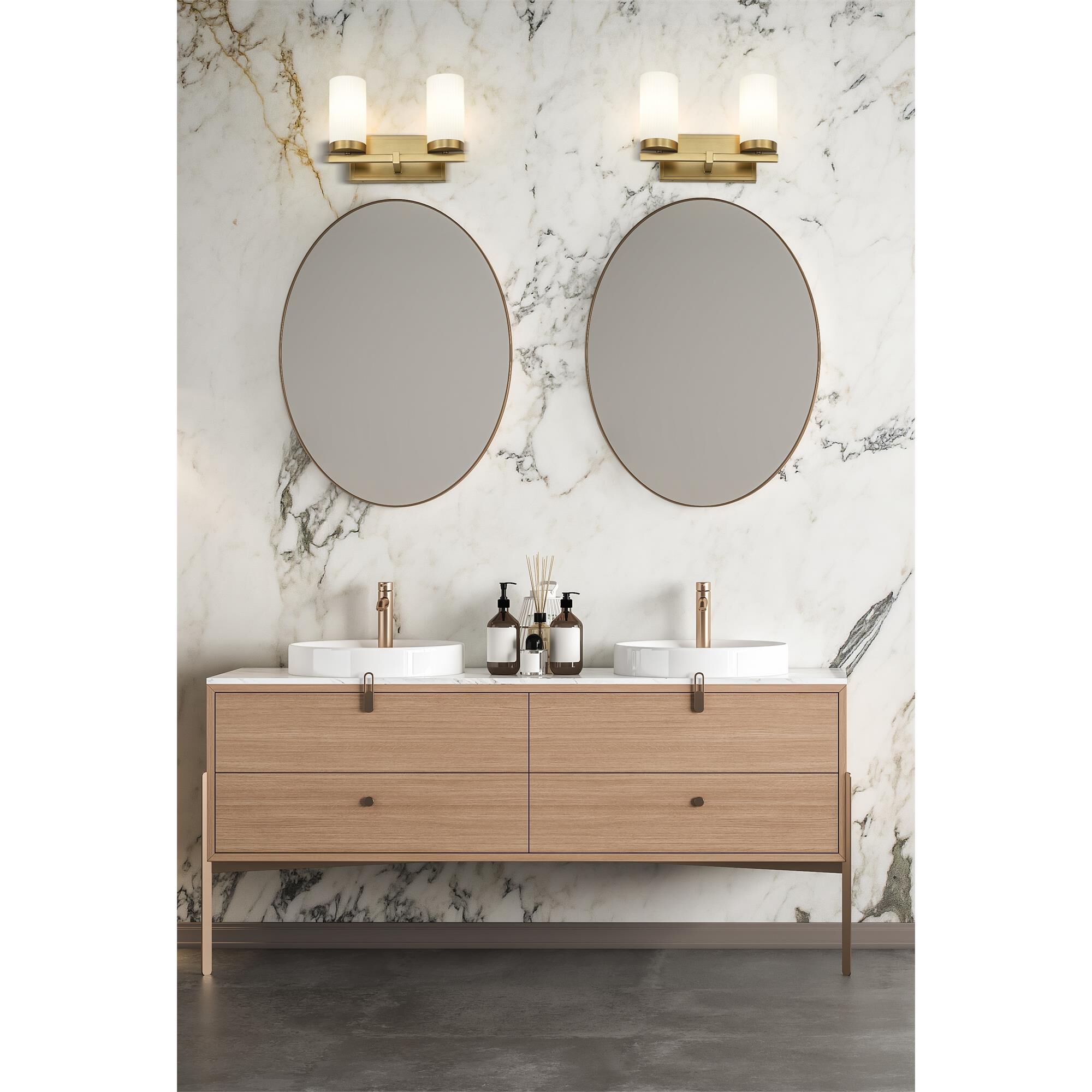 Shown in Modern Gold finish and White glass and White shade