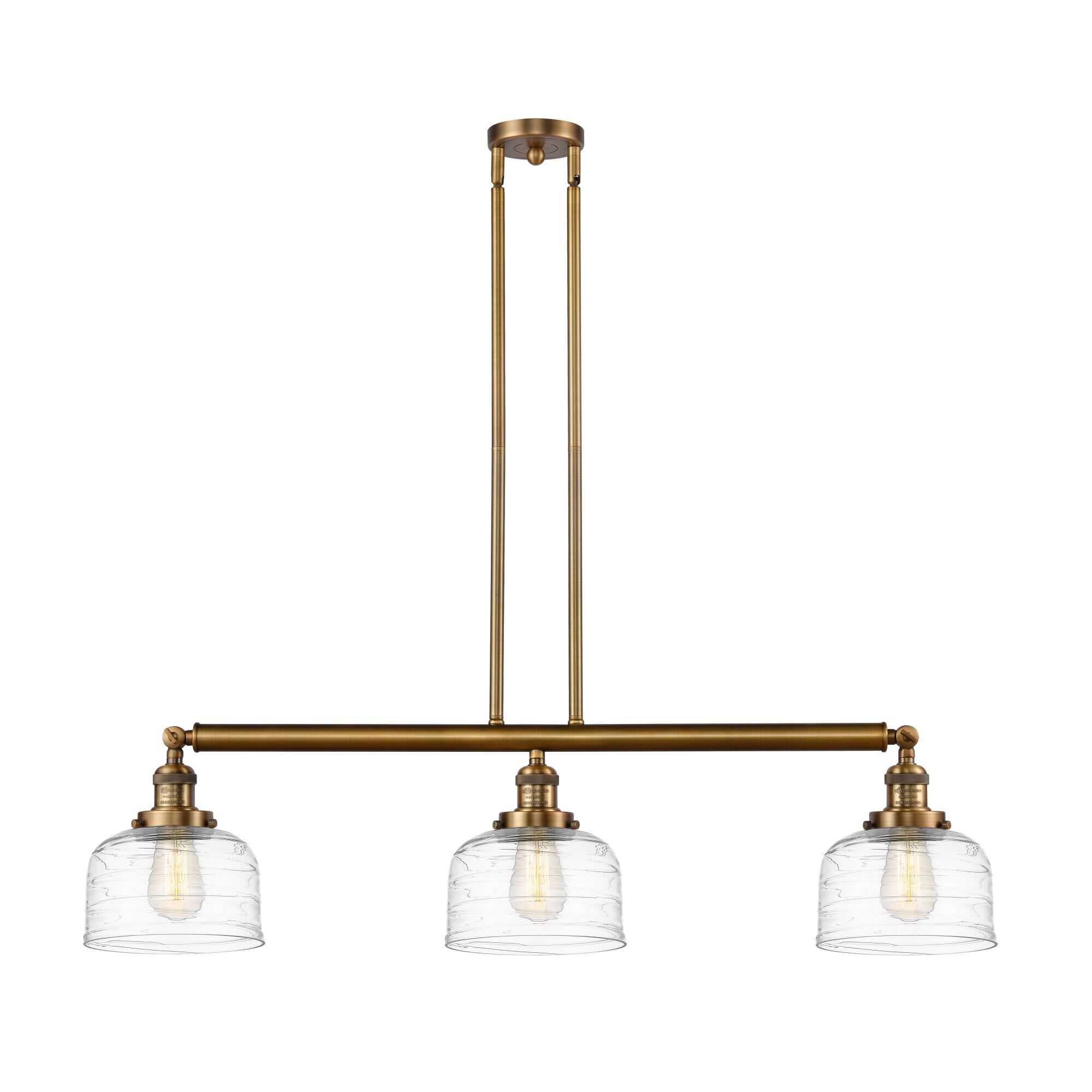 Shown in Brushed Brass finish and Clear Deco Swirl Large Bell glass