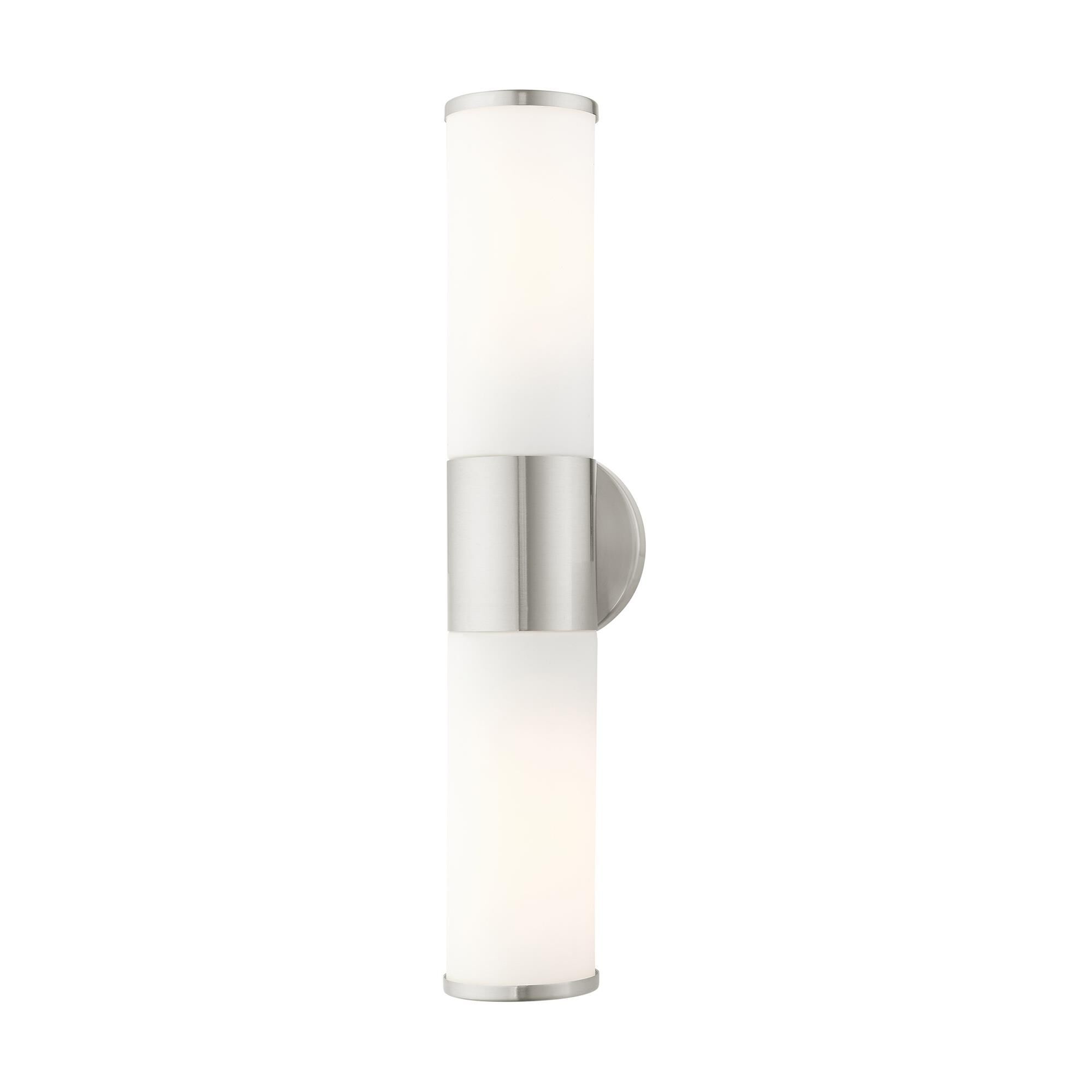 Shown in Brushed Nickel finish and Satin Opal White glass