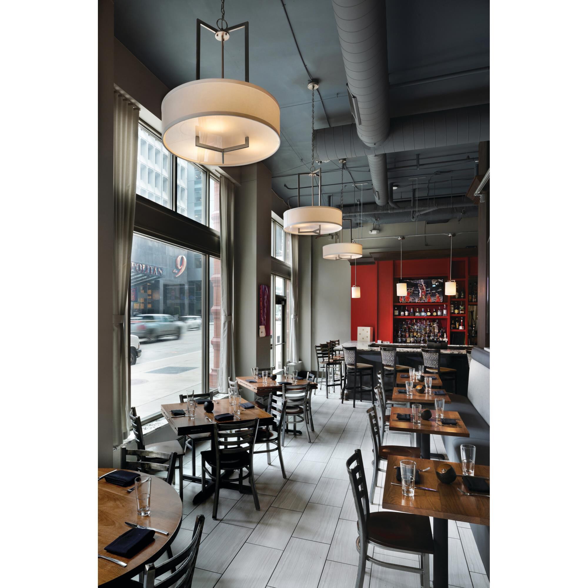 Shown in Antique Nickel finish and Off-White Linen Hardback shade