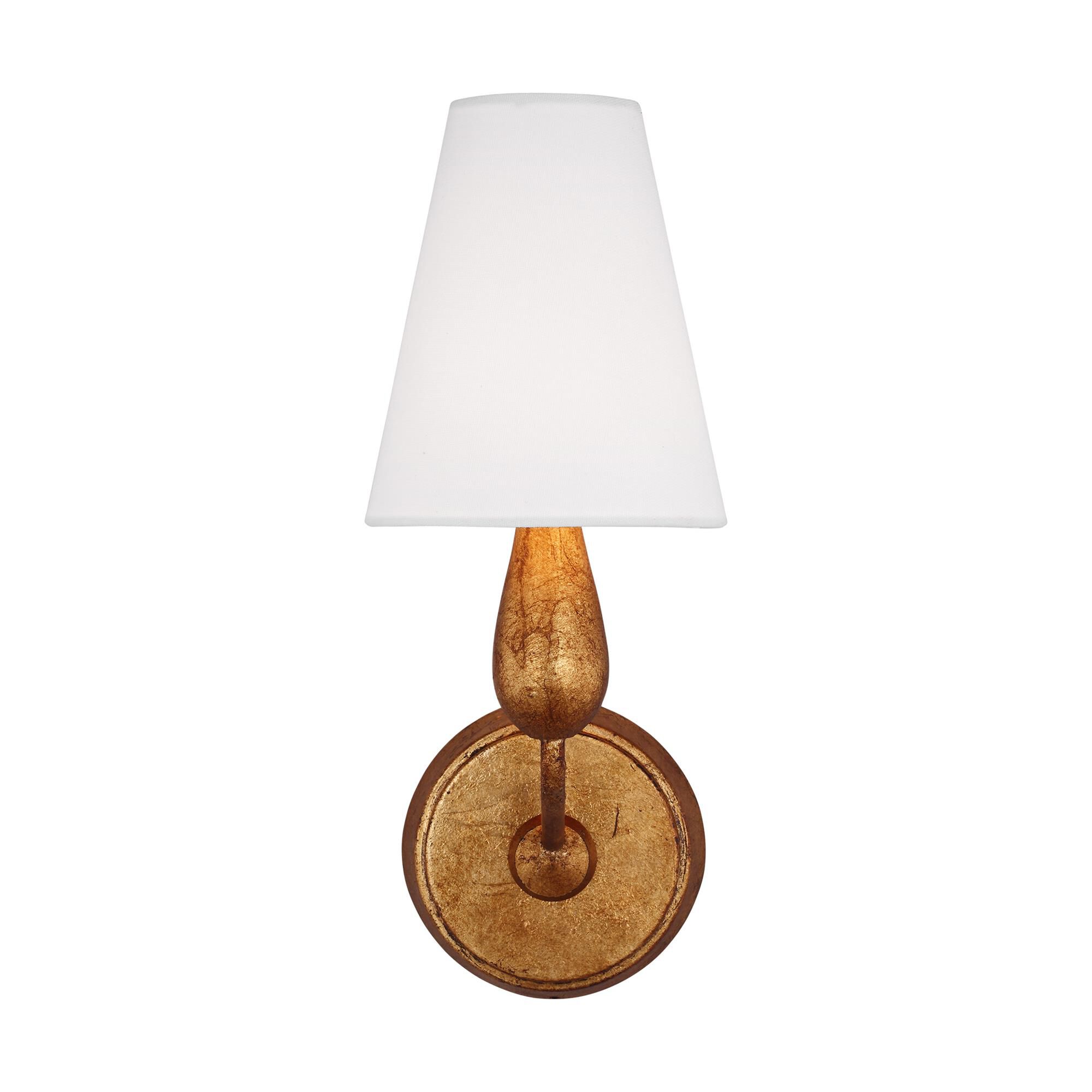 Shown in Antique Gild finish and White Linen Fabric shade