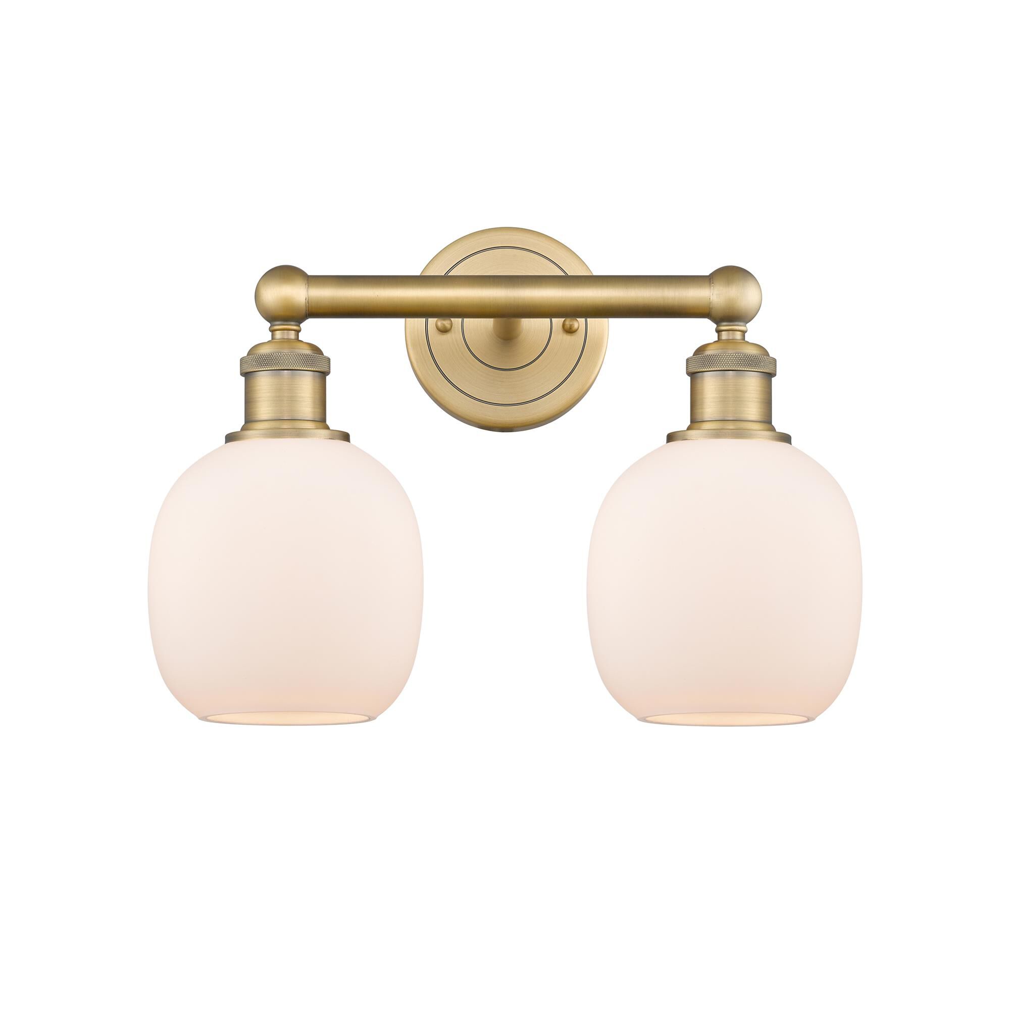 Shown in Brushed Brass finish and Matte White glass