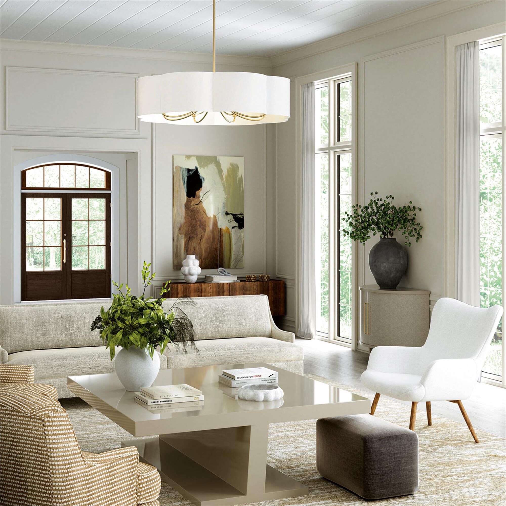 Shown in Matte Brass finish and White Fabric shade