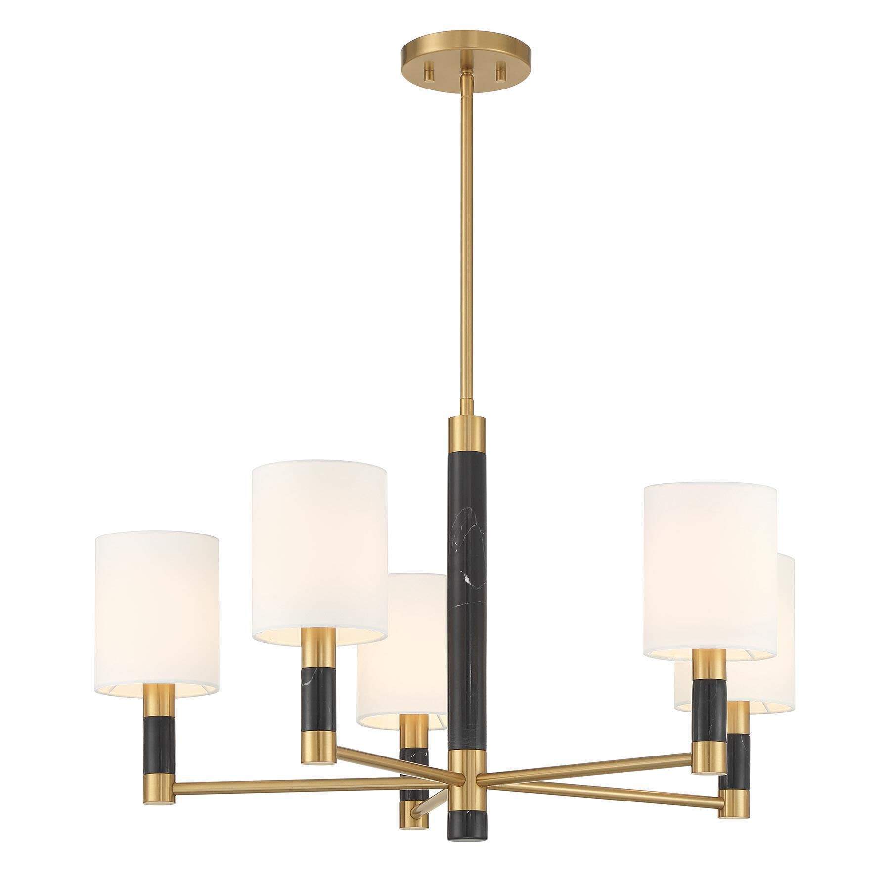 Shown in Warm Brass finish and White Fabric shade and Black Marble accent