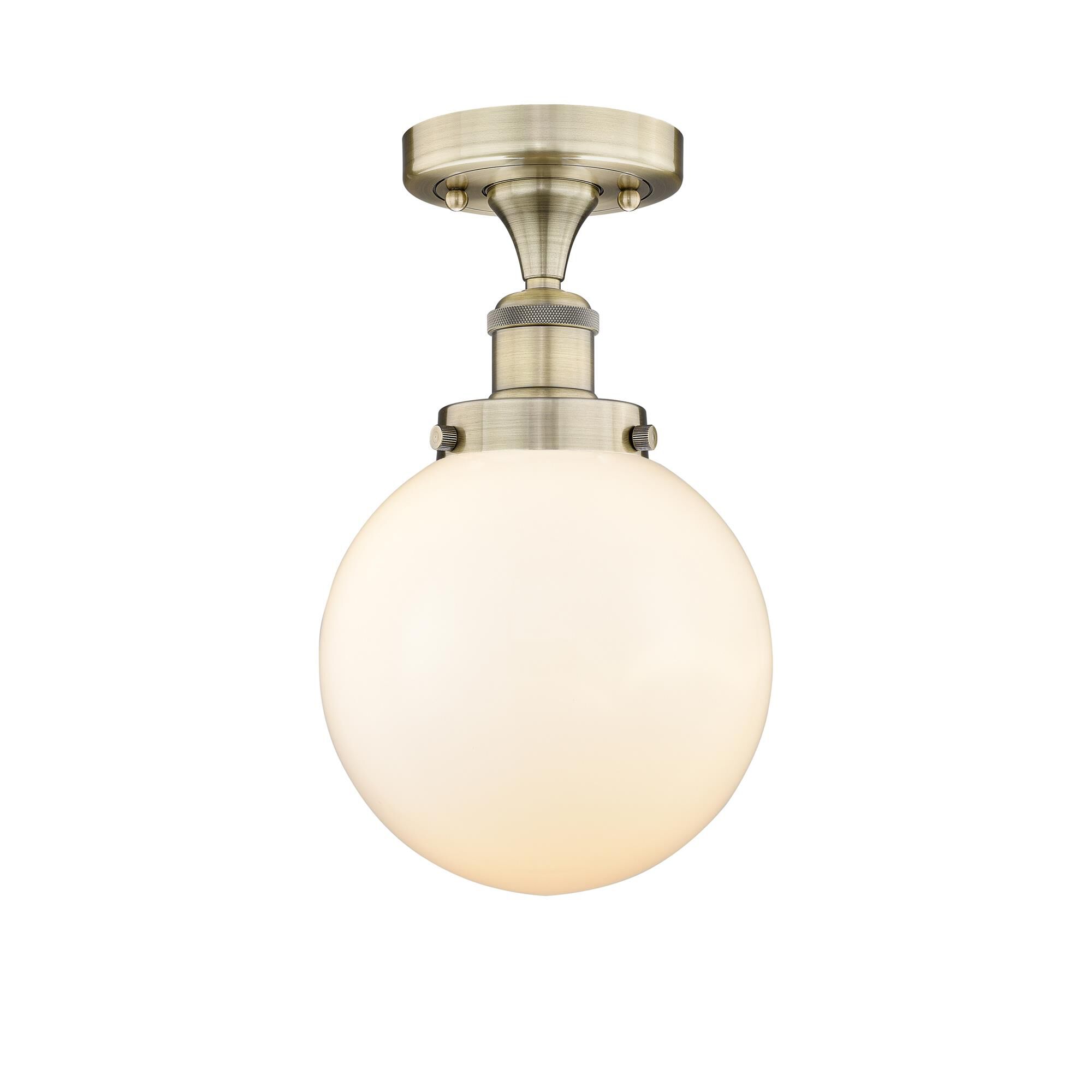 Shown in Antique Brass finish and Matte White glass
