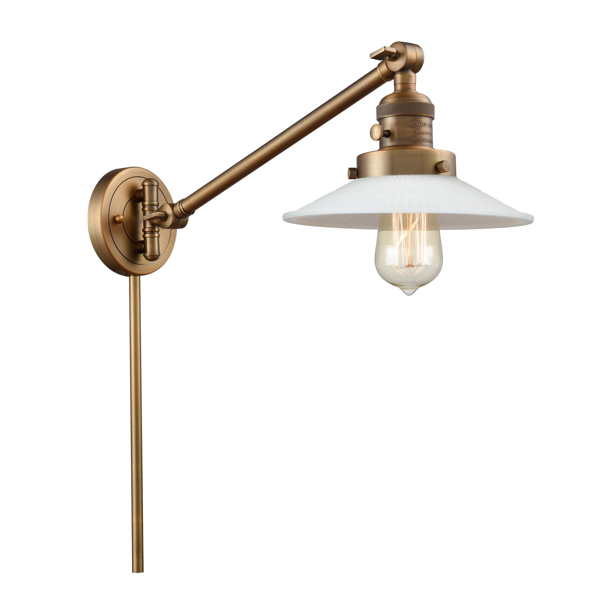 Shown in Brushed Brass finish and Matte White Halophane - Cone glass