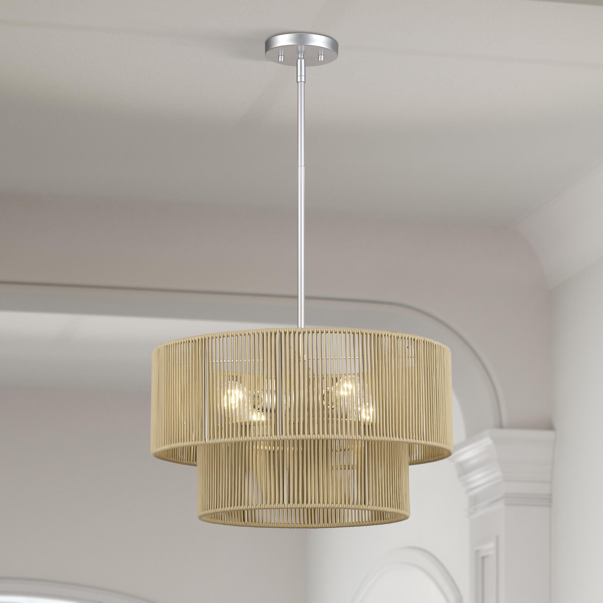 Shown in Painted Nickel finish and Hand-Woven Venetian Gold Color Polyester Rope shade