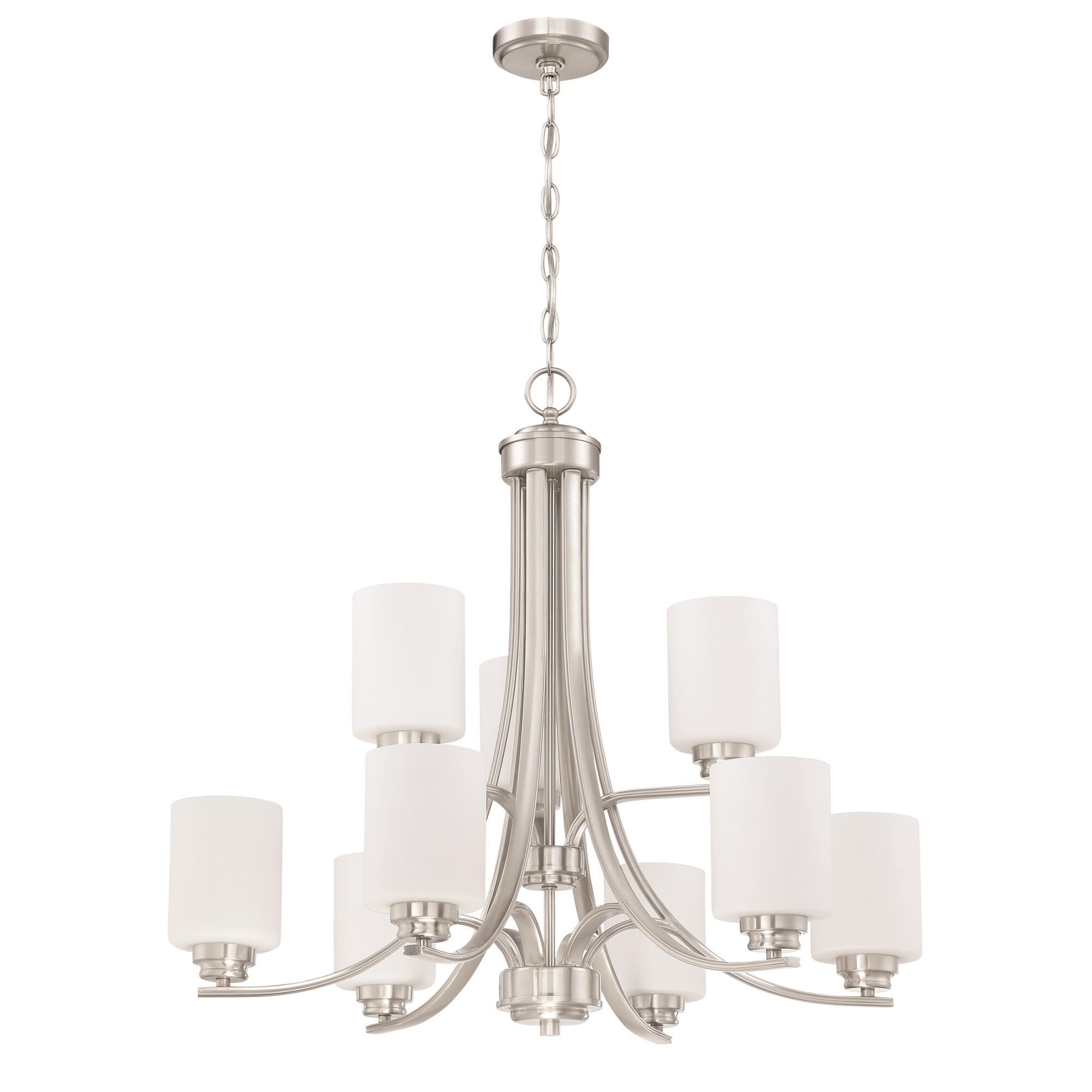 Shown in Brushed Polished Nickel finish and White Frosted glass and Glass shade
