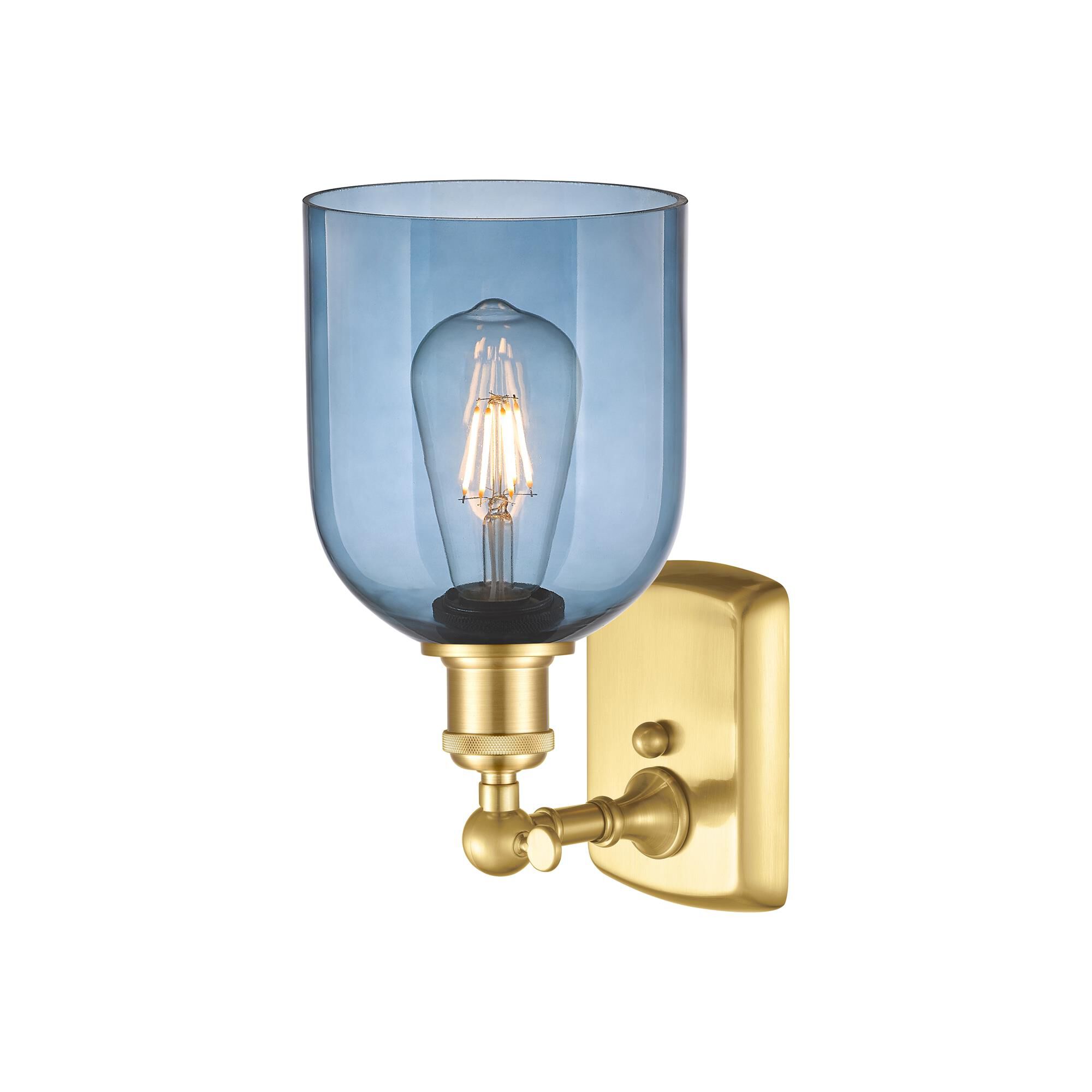 Shown in Satin Gold finish and Princess Blue glass
