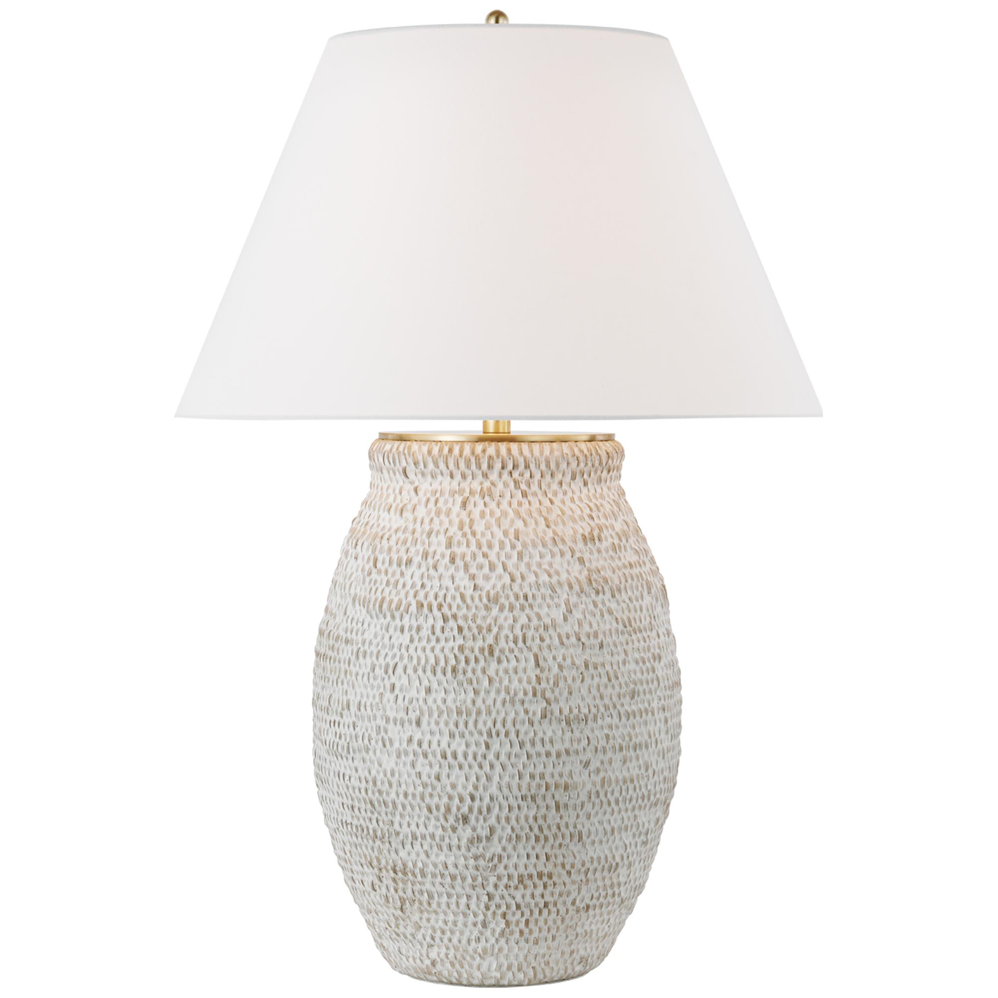 Shown in Plaster White Rattan finish and Linen shade