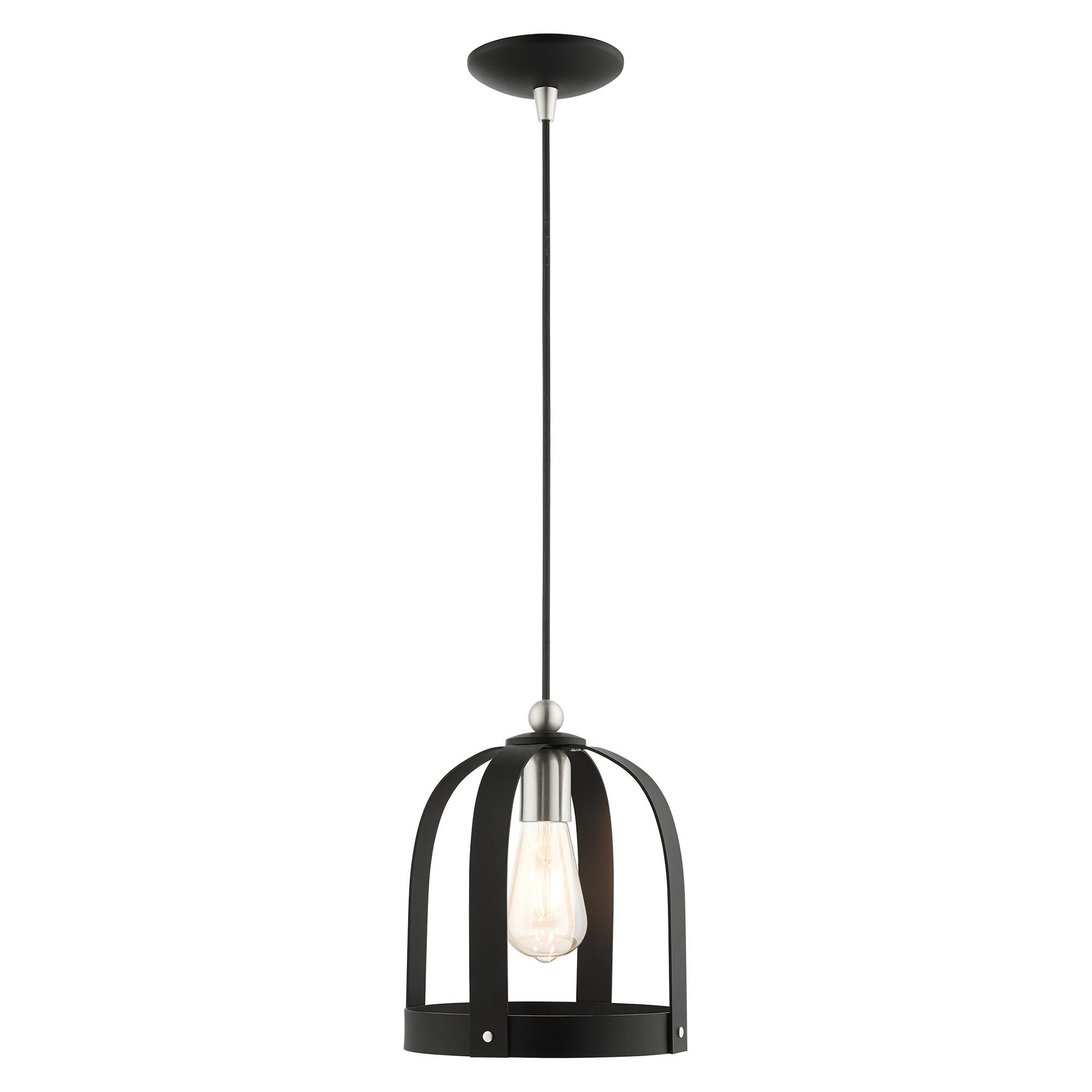 Shown in Textured Black finish and Textured Black Steel  With Brushed Nickel Accents shade