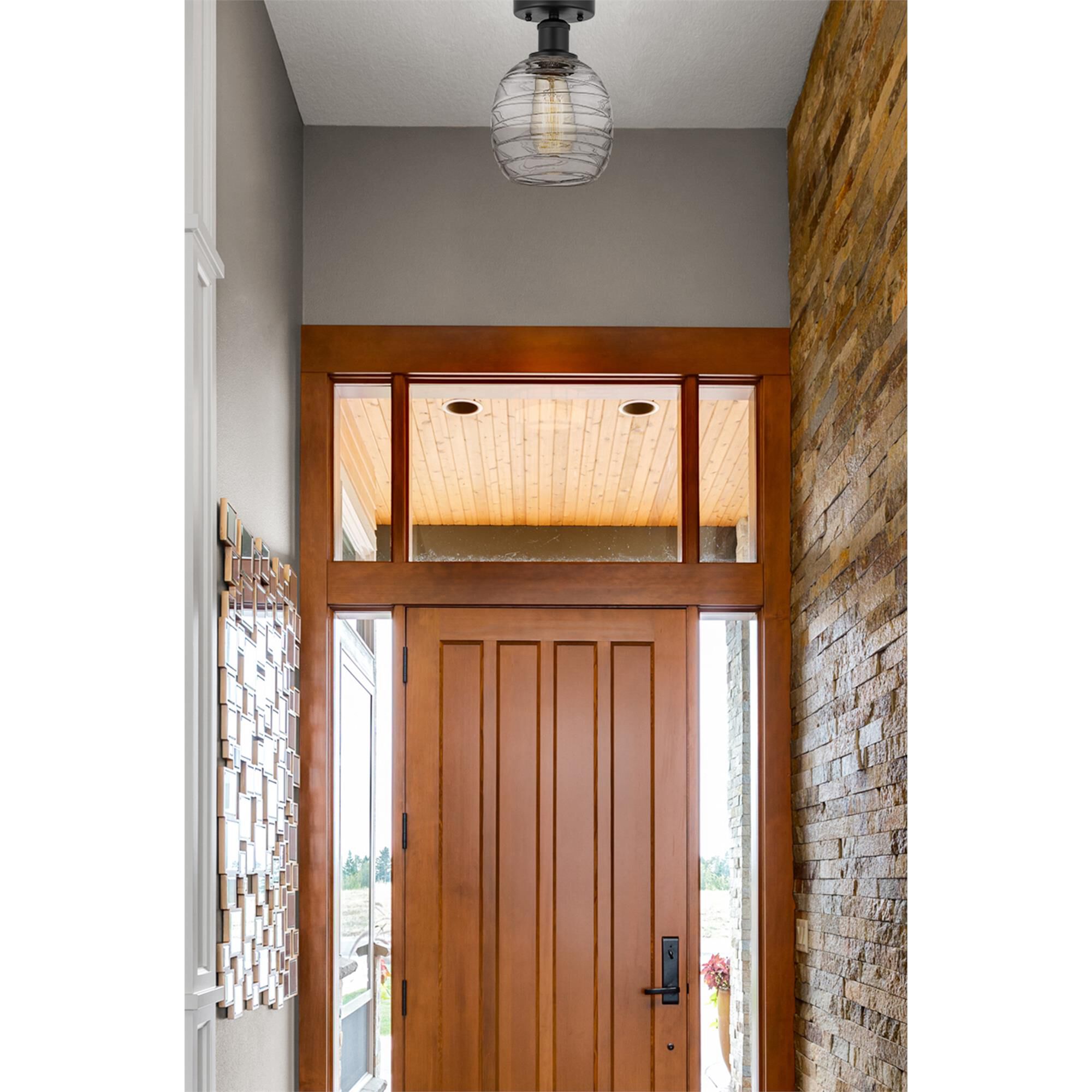 Shown in Matte Black finish and Deco Swirl glass