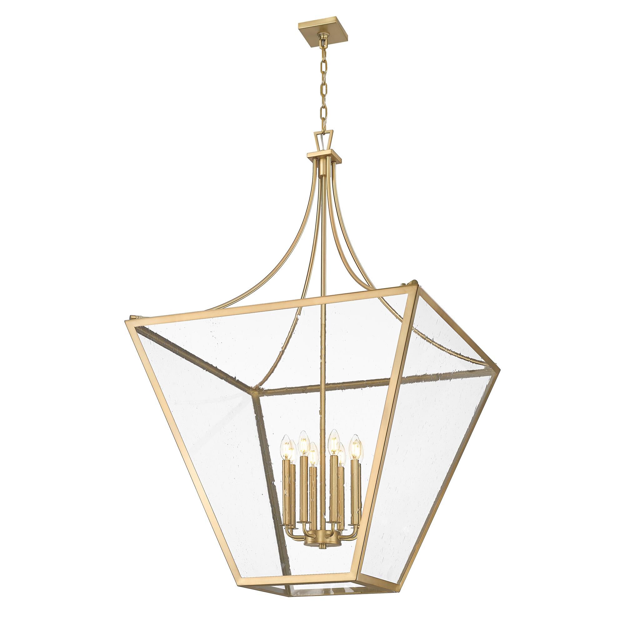Shown in Rubbed Brass finish and Clear Seedy glass