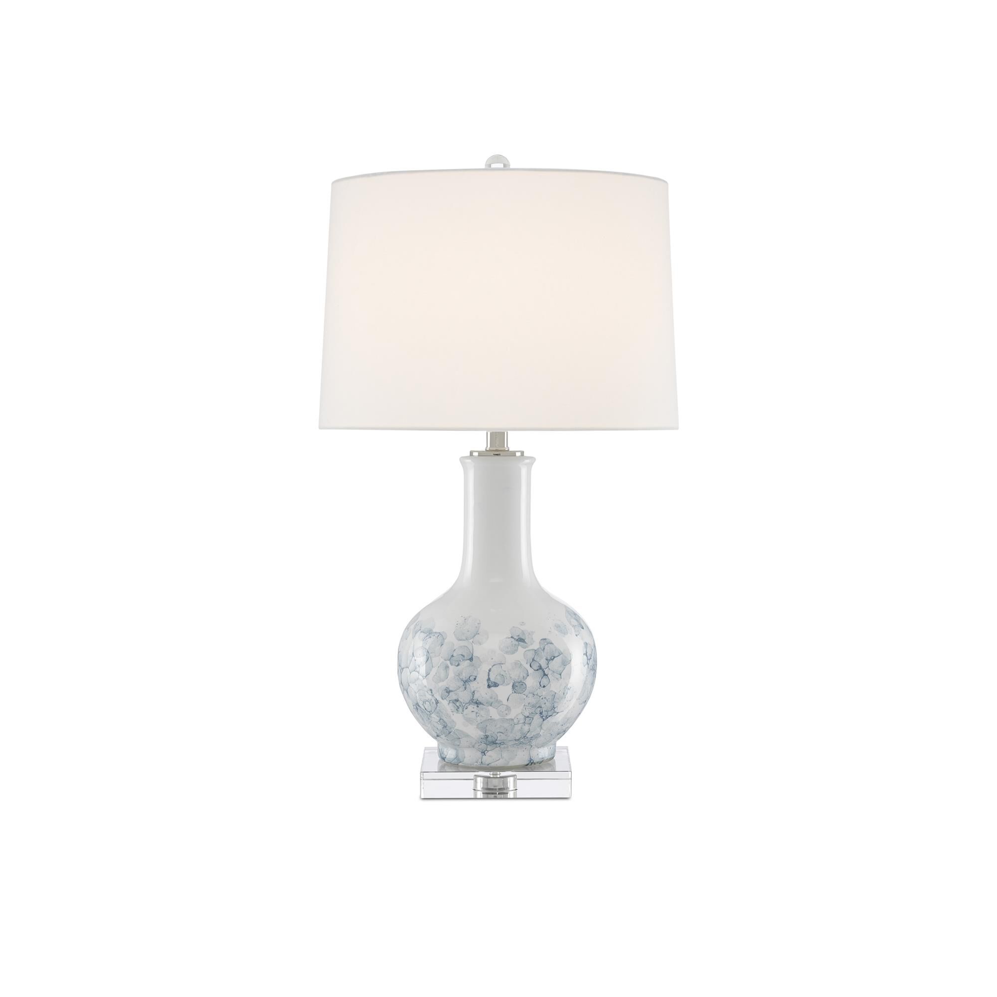 Shown in White/Blue/Clear/Polished Nickel finish and Off White Linen shade