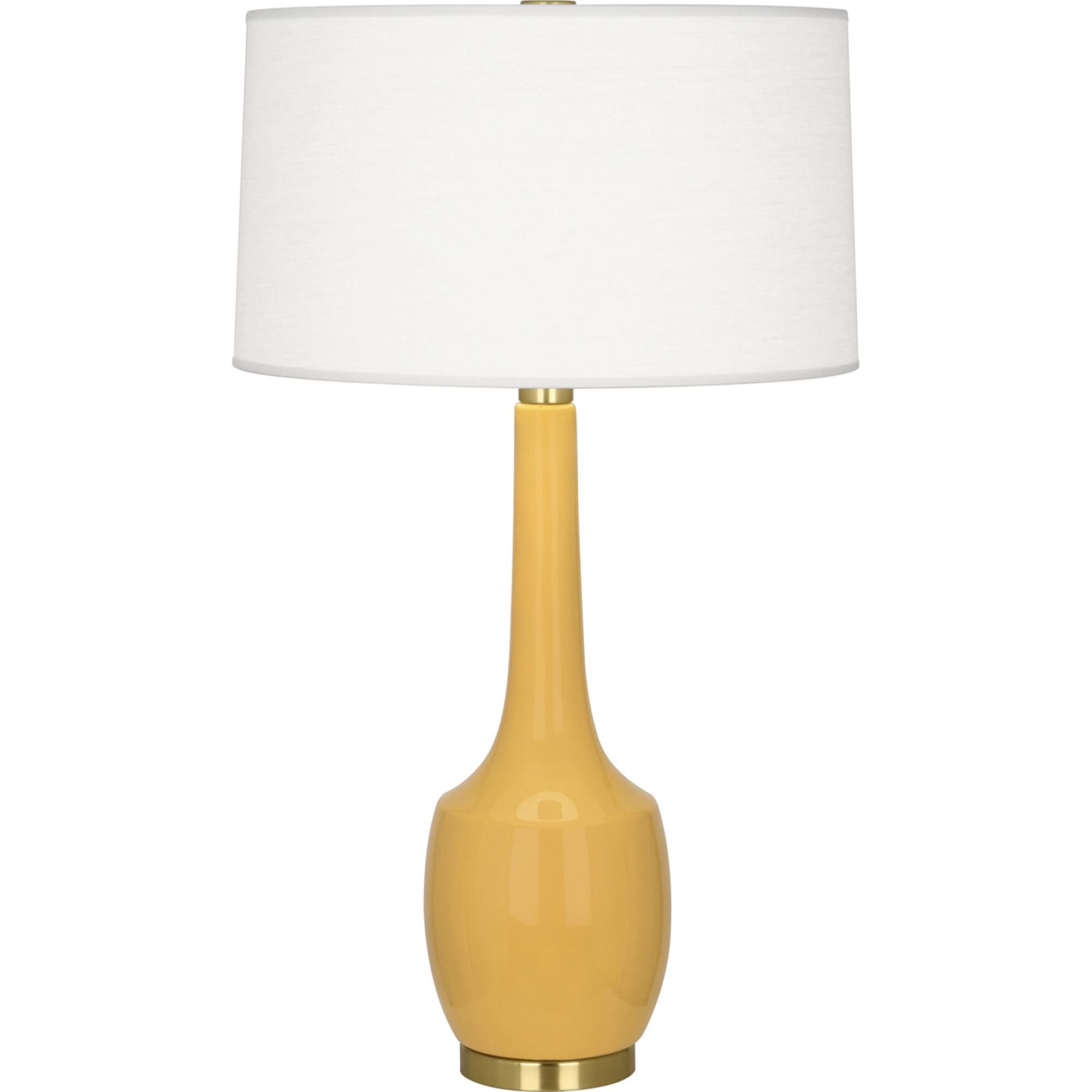 Shown in Antique Brass  With Sunset Yellow Glazed Ceramic finish and Oyster Linen With Self-Fabric Top And Bottom Diffuser shade