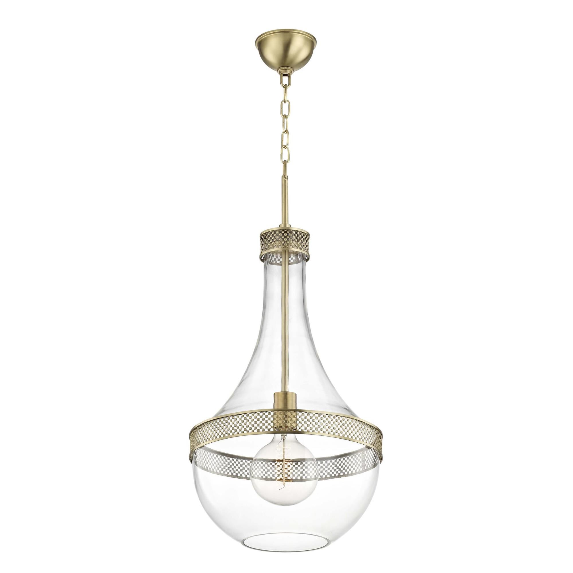 Shown in Aged Brass finish and Clear glass