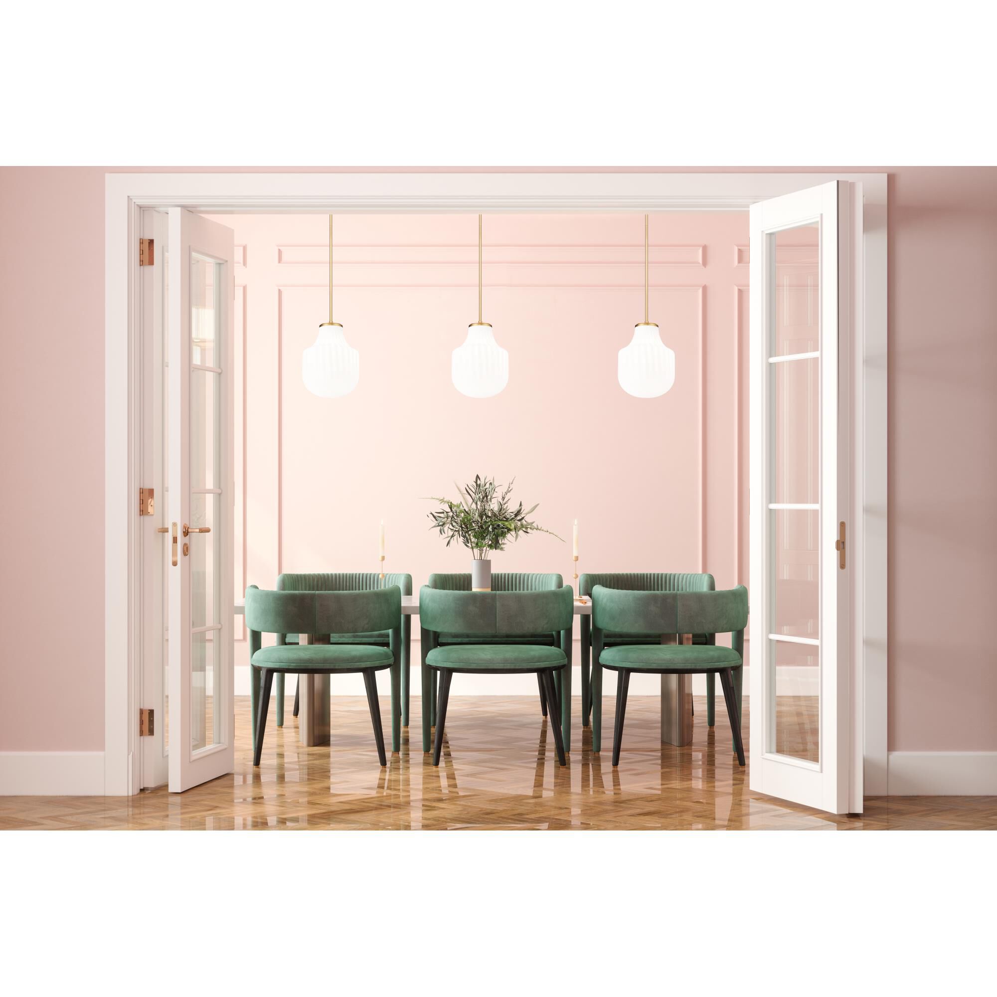 Shown in Modern Gold finish and White Opal glass and White Opal shade