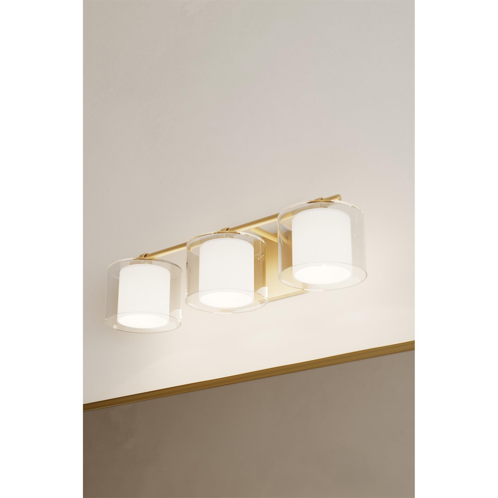 Shown in Legacy Brass finish and Clear and Etched Opal glass
