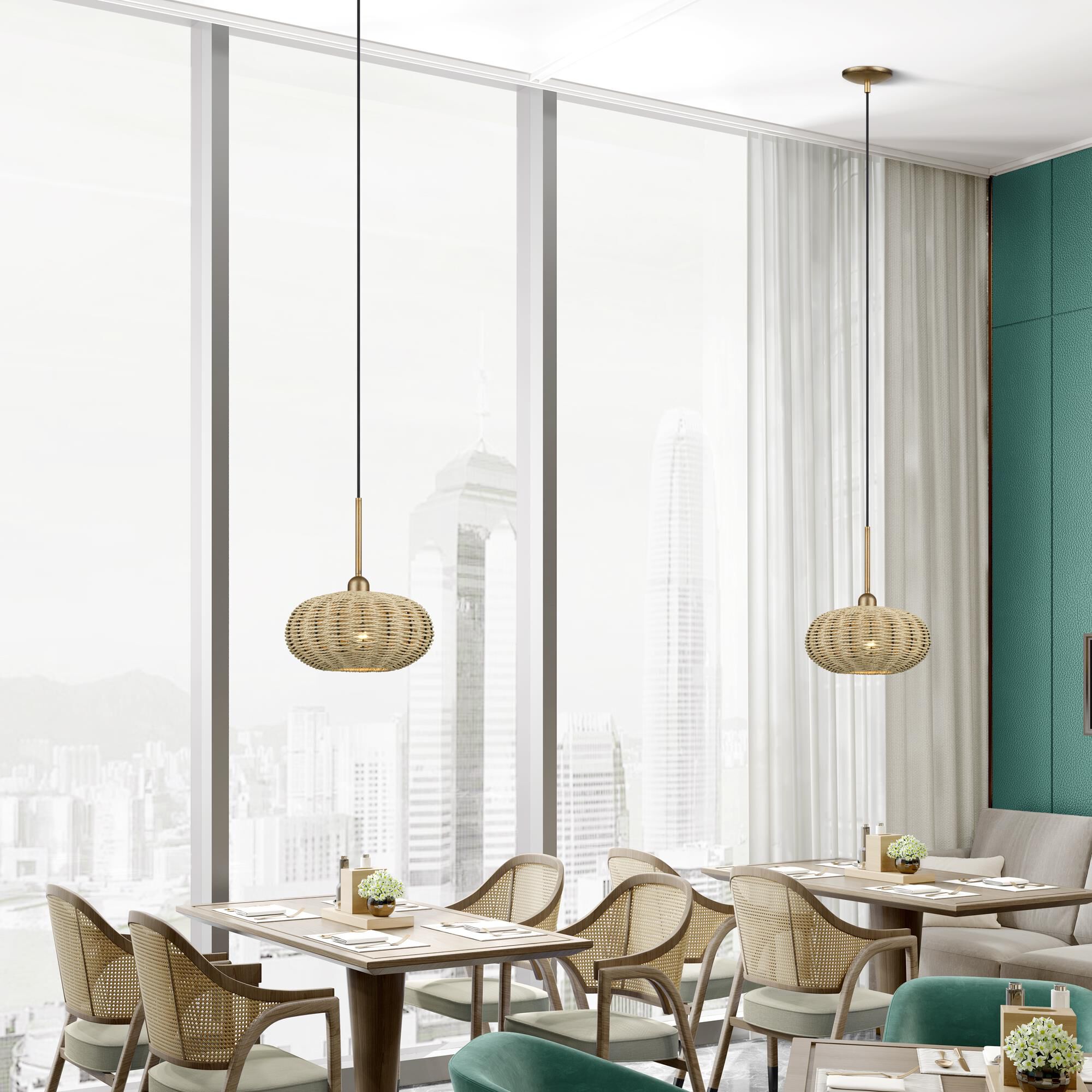 Shown in Antique Gold Leaf finish and Hand-Woven French Beige Paper Rope shade