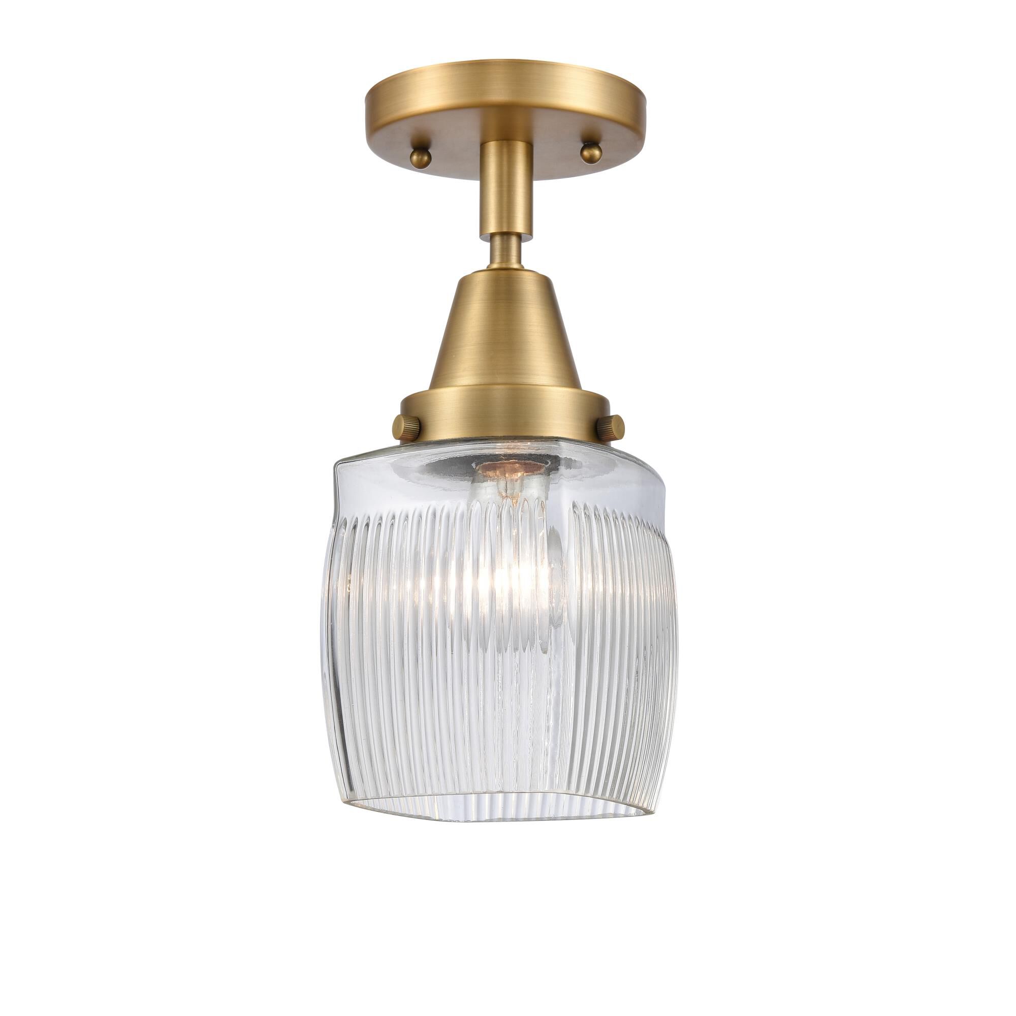 Shown in Brushed Brass finish and Thick Clear Halophane Colton glass