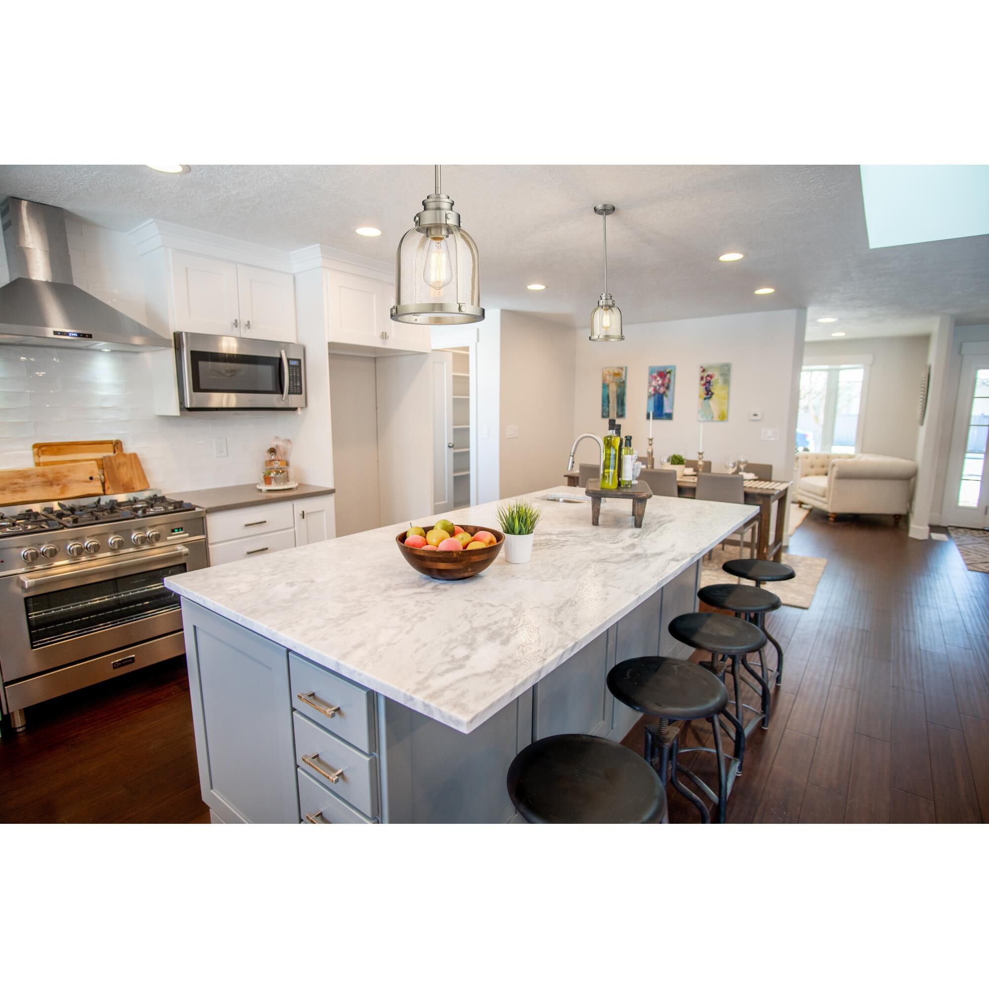 Shown in Brushed Nickel finish and Clear Seedy glass and No Shade shade