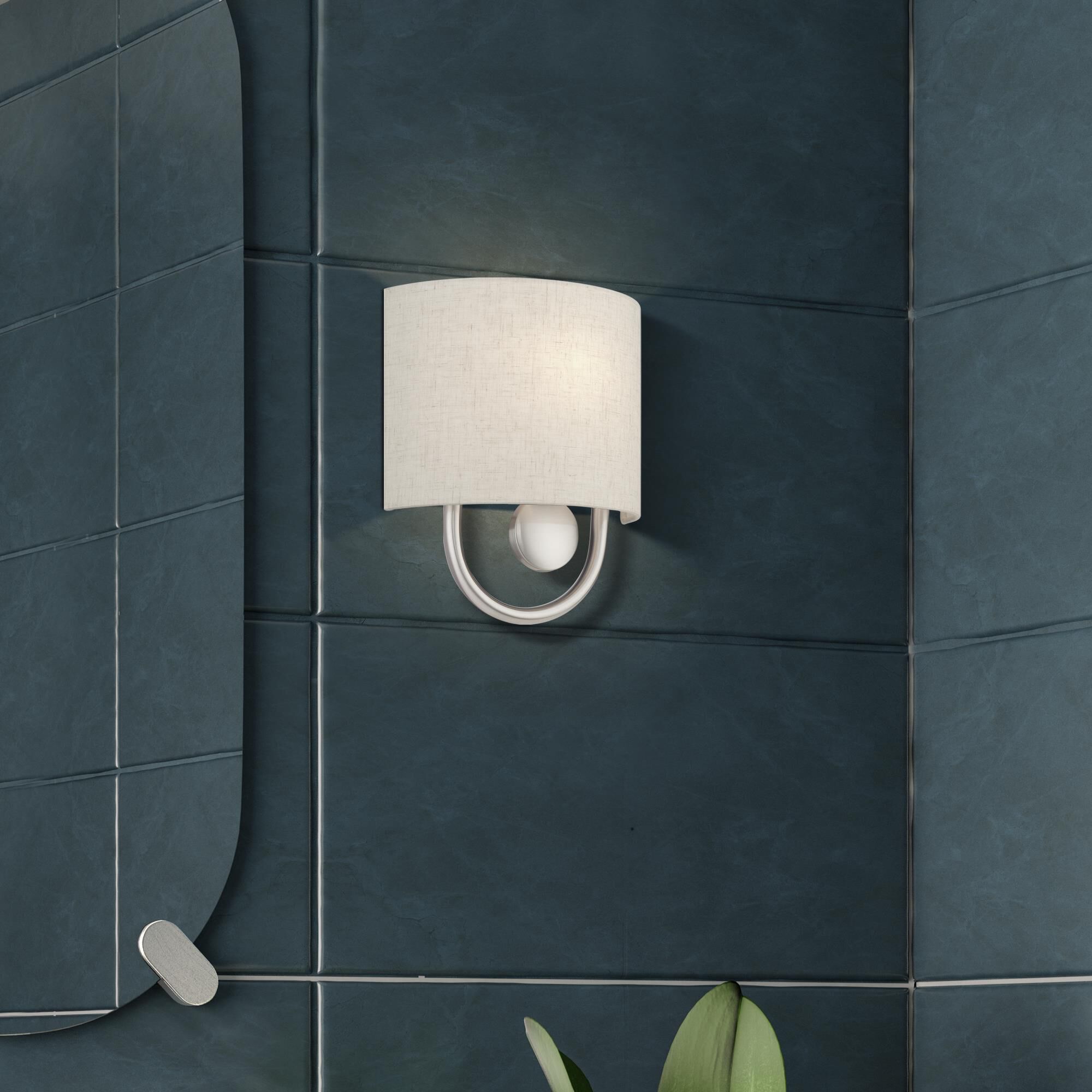 Shown in Brushed Nickel finish and Hand Crafted Oatmeal Color Fabric Hardback with White Fabric Inside shade