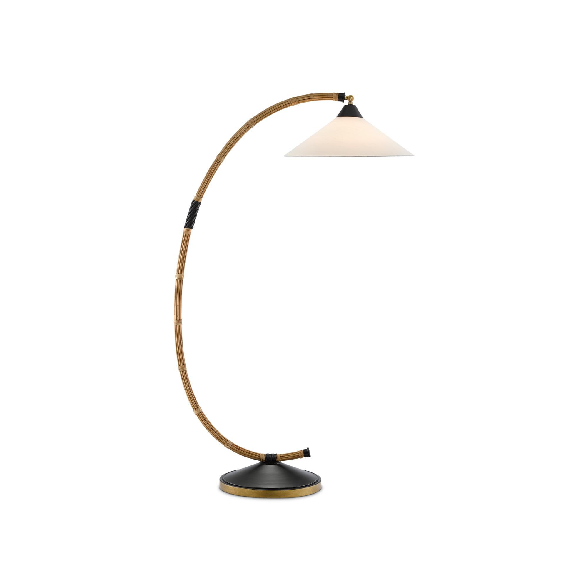 Shown in Natural - Rattan - New Brass - Satin Black finish and Off-White Shantung shade