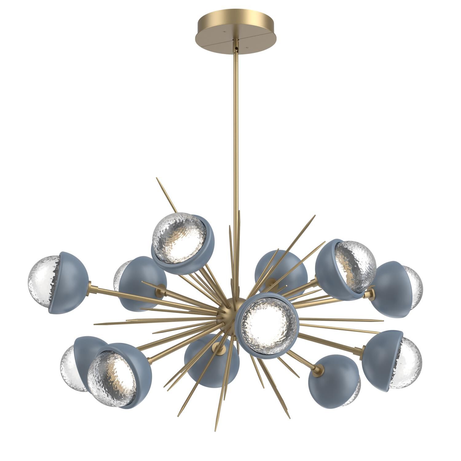 Shown in Gilded Brass finish and Clear glass and Poppy Blue accent