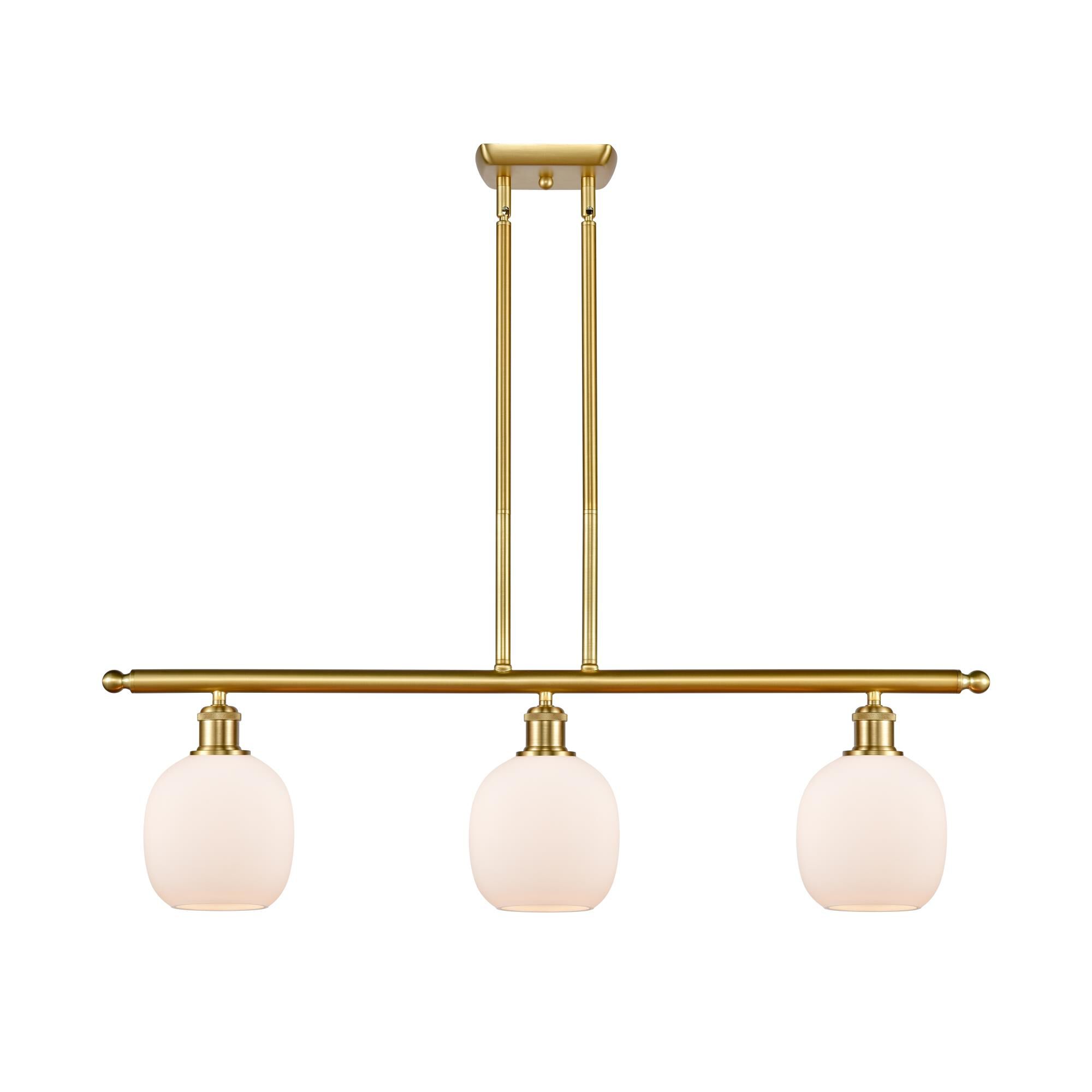 Shown in Satin Gold finish and Matte White Belfast glass