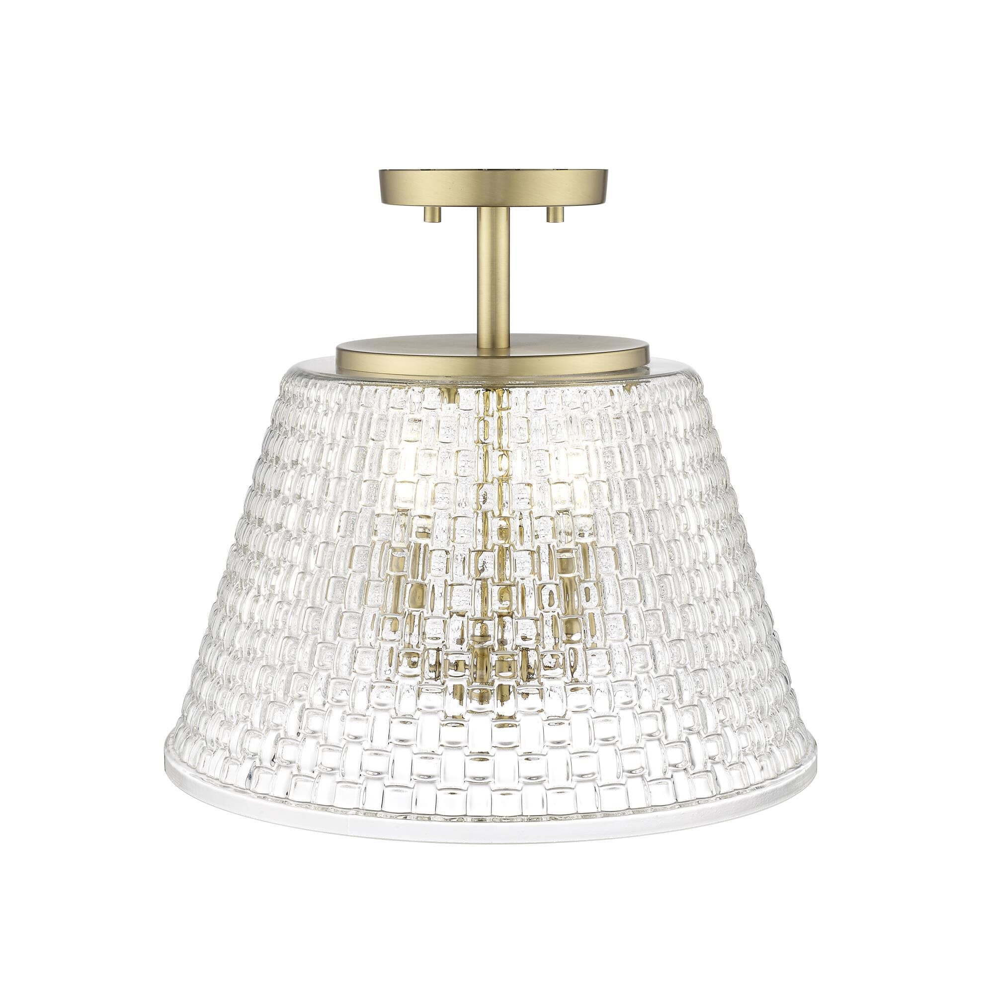 Shown in Vintage Brass finish and Clear Woven Lattice glass