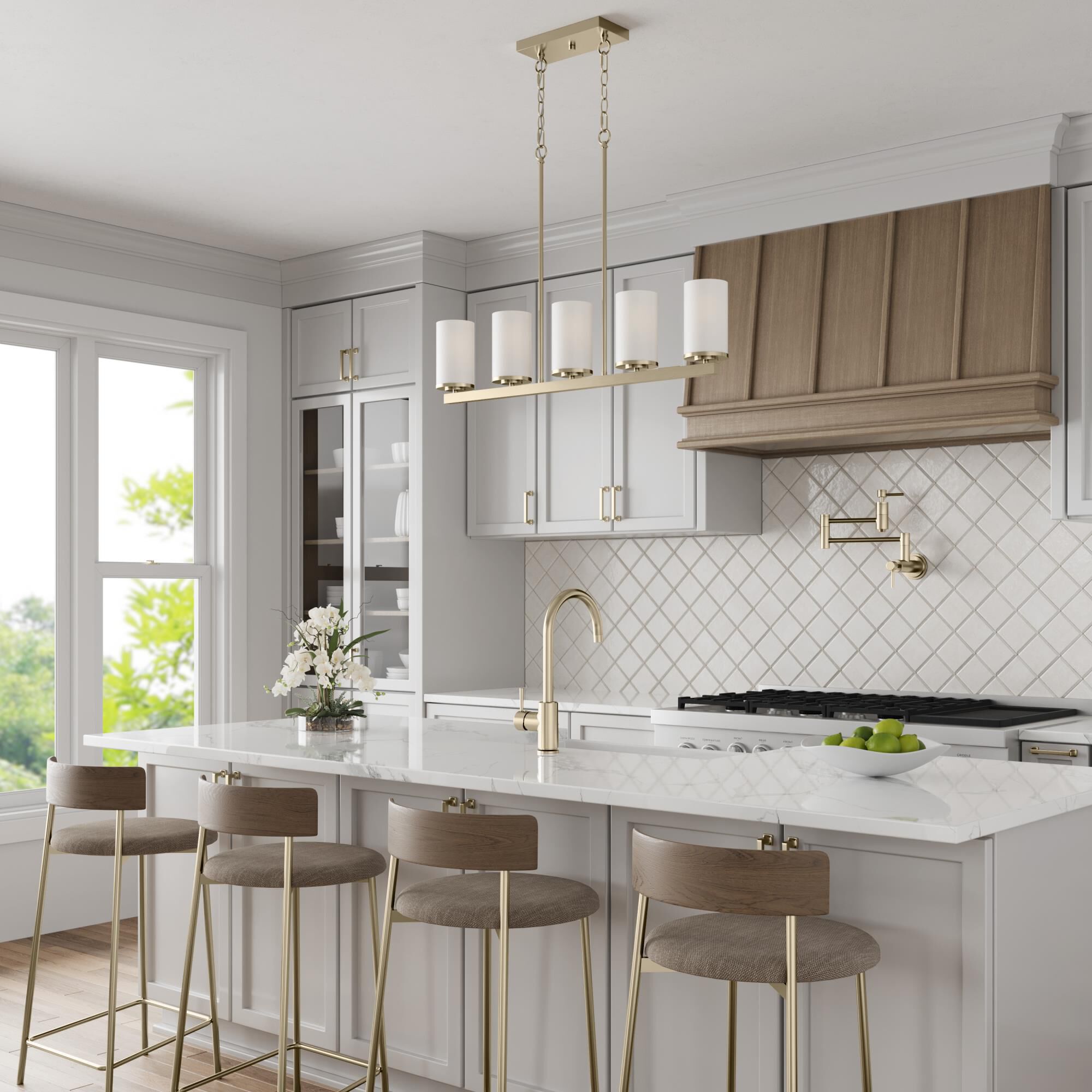 Shown in Modern Gold finish and Etched White glass