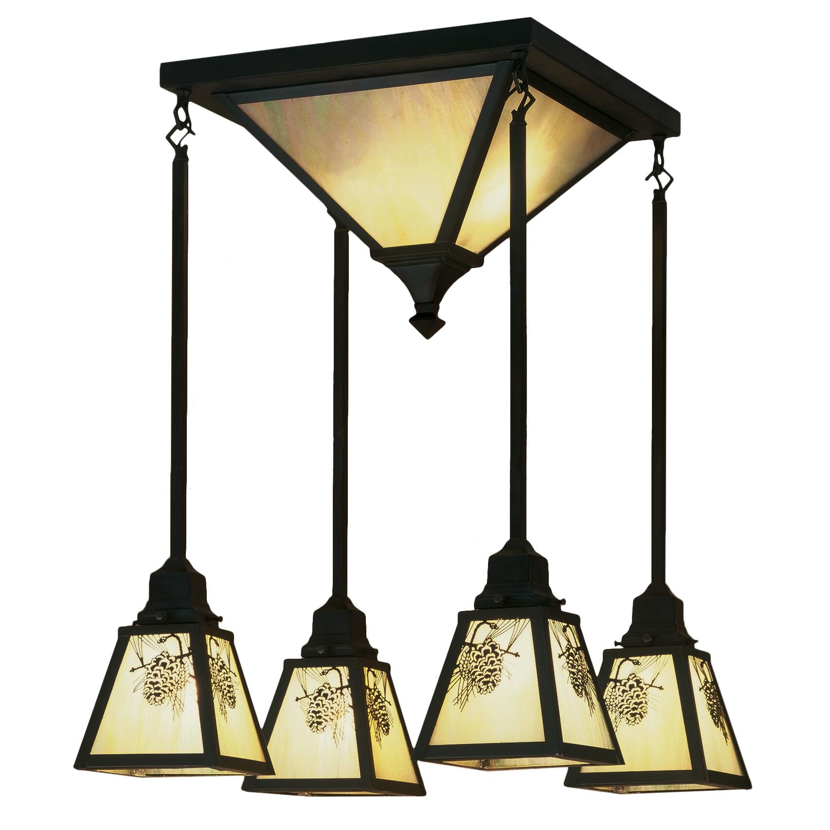 Shown in Craftsman Brown finish and Iridized Beige glass