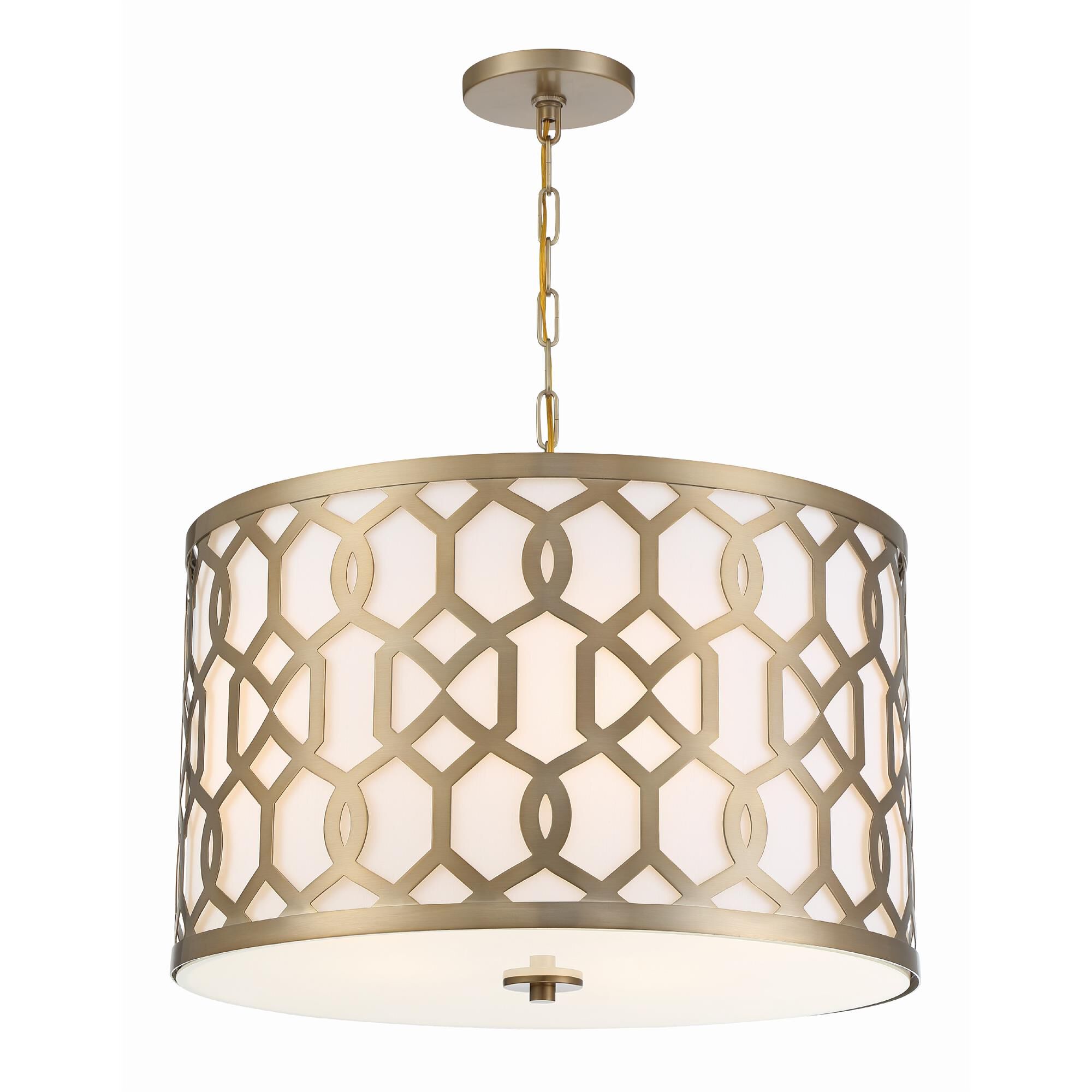 Shown in Aged Brass finish and White Linen glass and White Linen shade