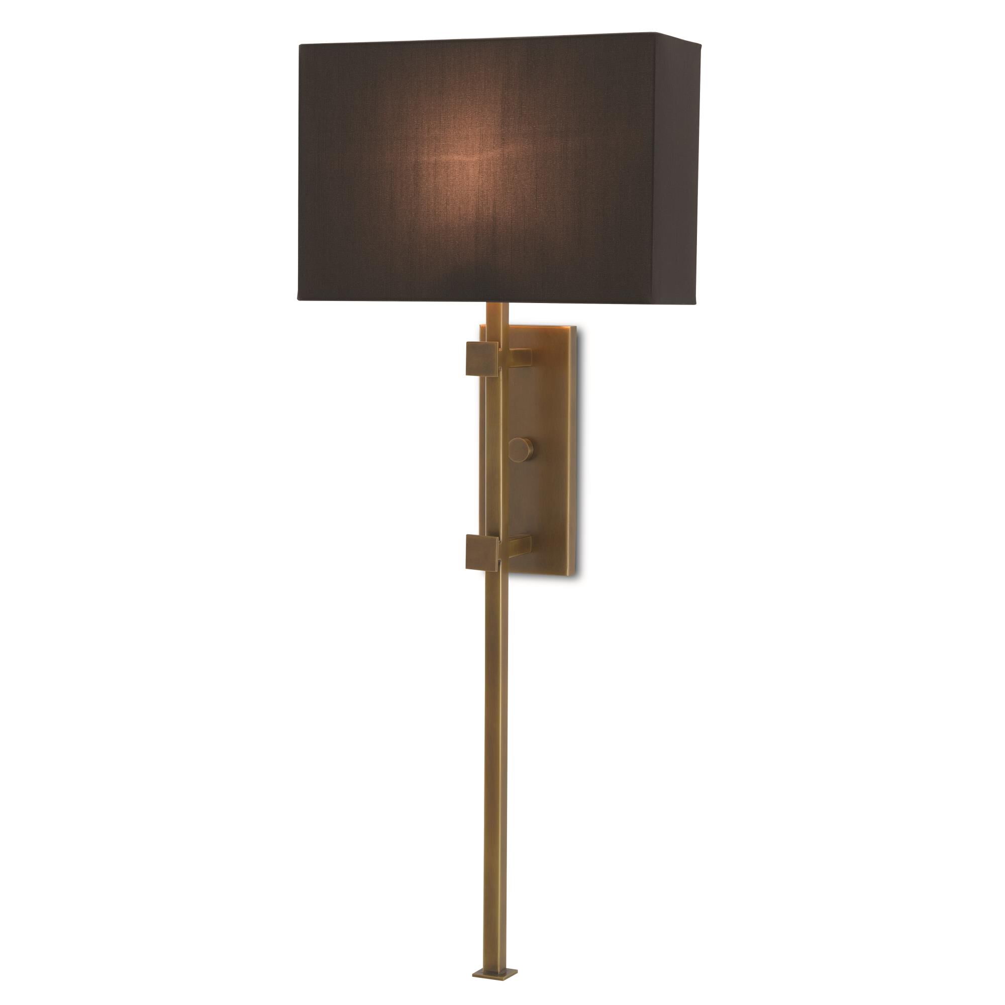 Shown in Antique Brass finish and Black Shantung shade