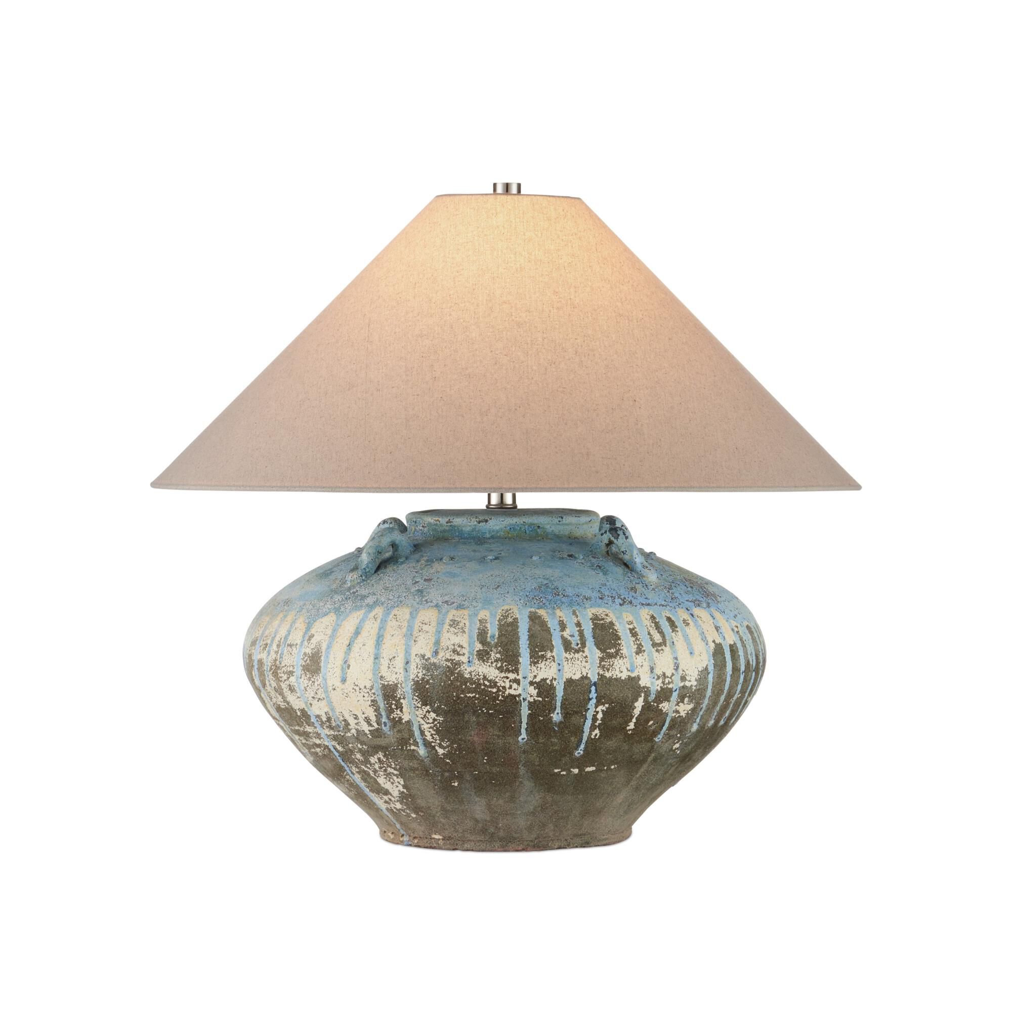 Shown in Antique Blue Drip finish and Natural Linen shade