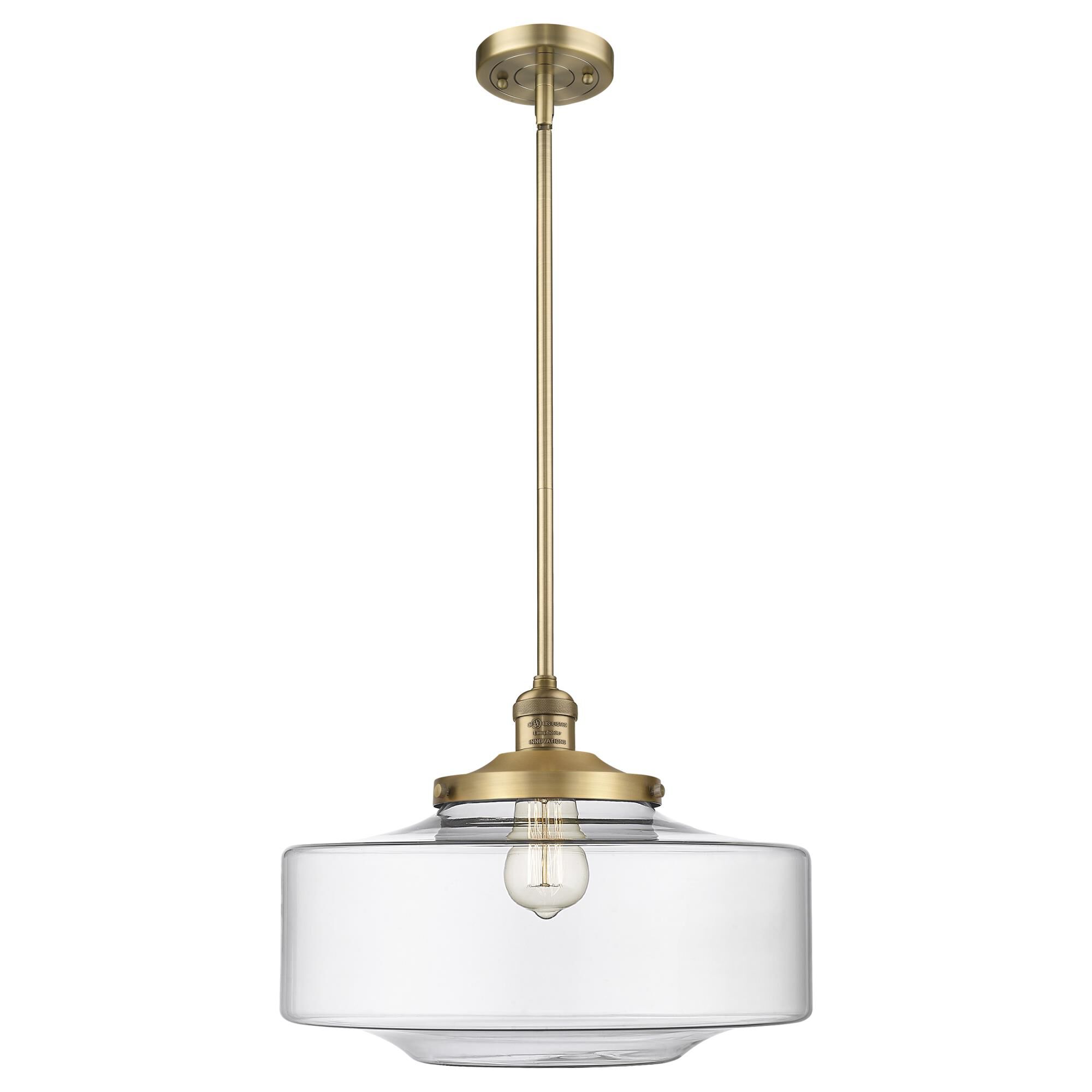 Shown in Brushed Brass finish and Clear Large Bridgeton glass