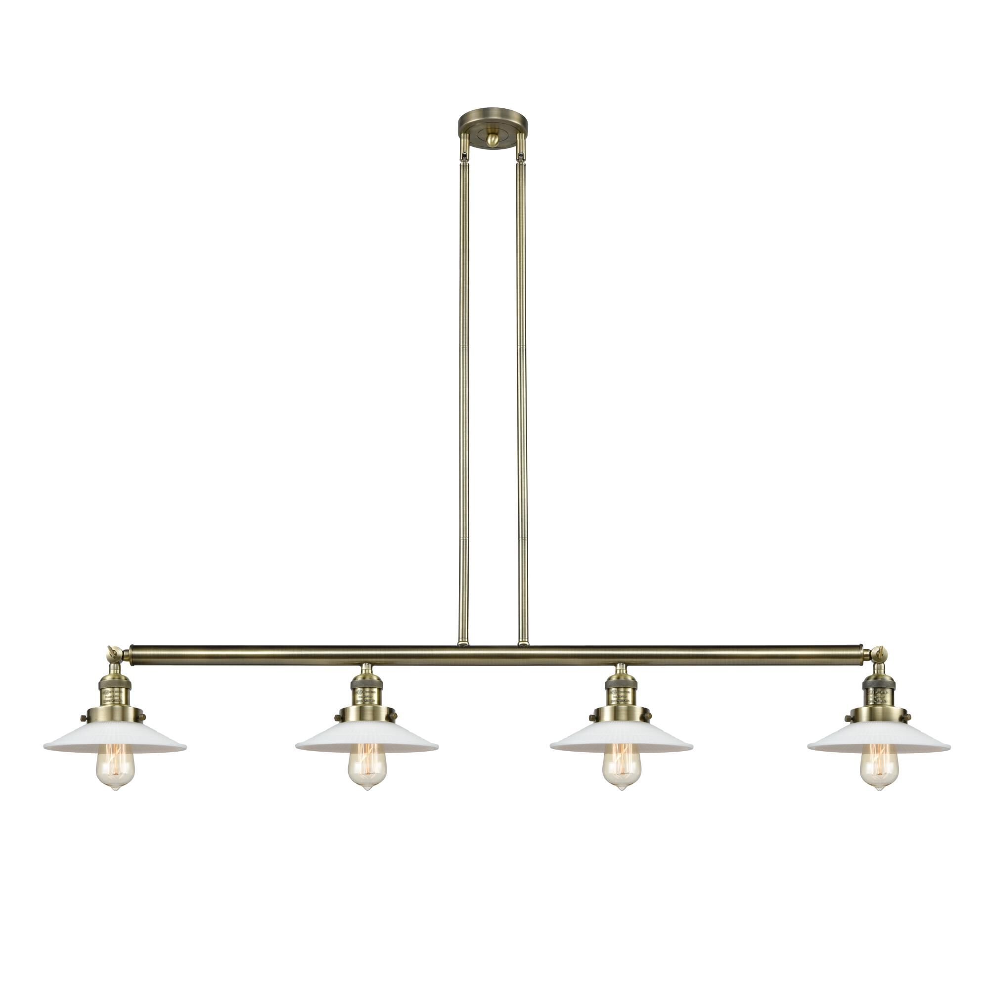 Shown in Antique Brass finish and Cone glass and Glass shade