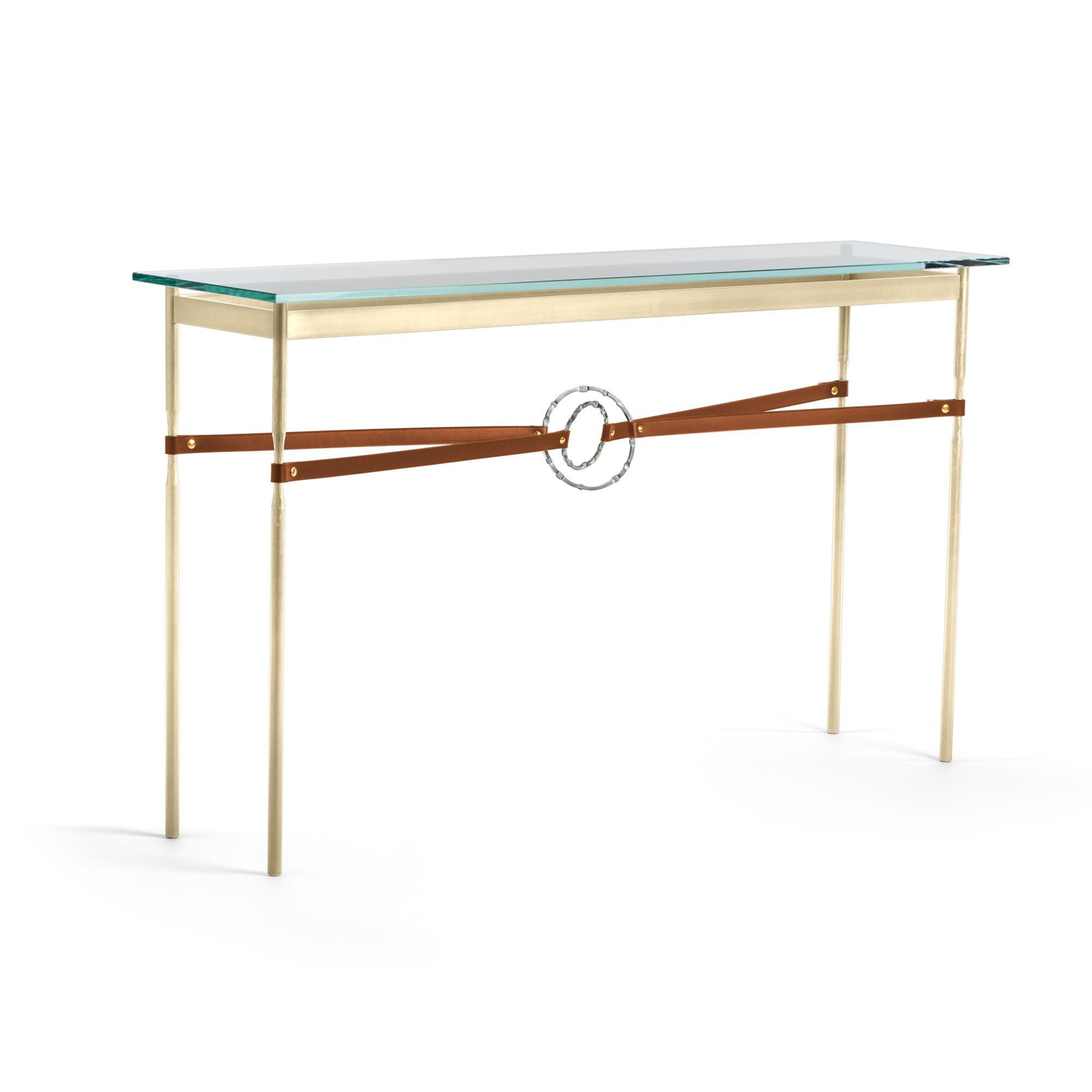 Shown in Modern Brass finish and Sterling with Leather Chestnut  accent