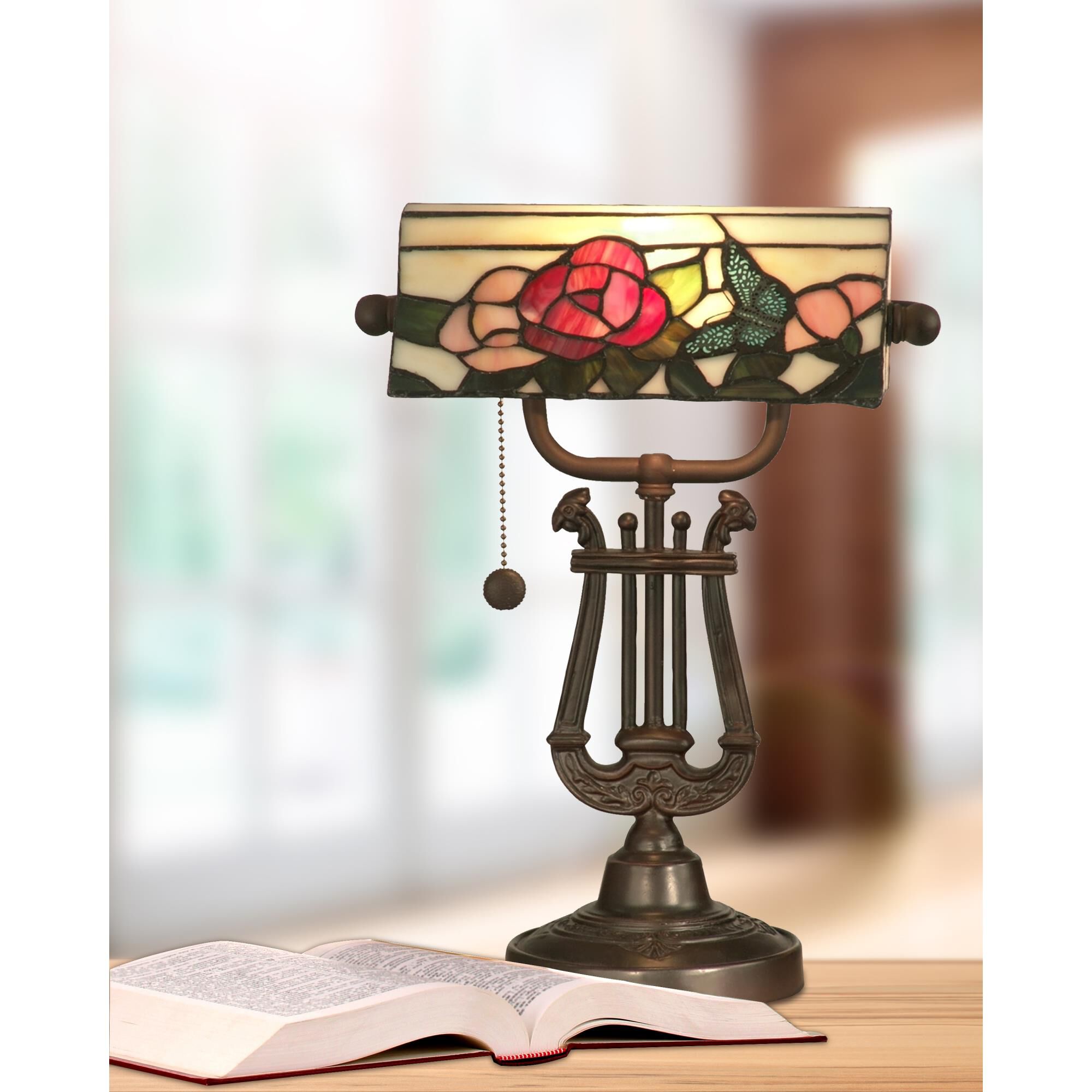 Shown in Antique Bronze finish and Hand Rolled Art Glass shade