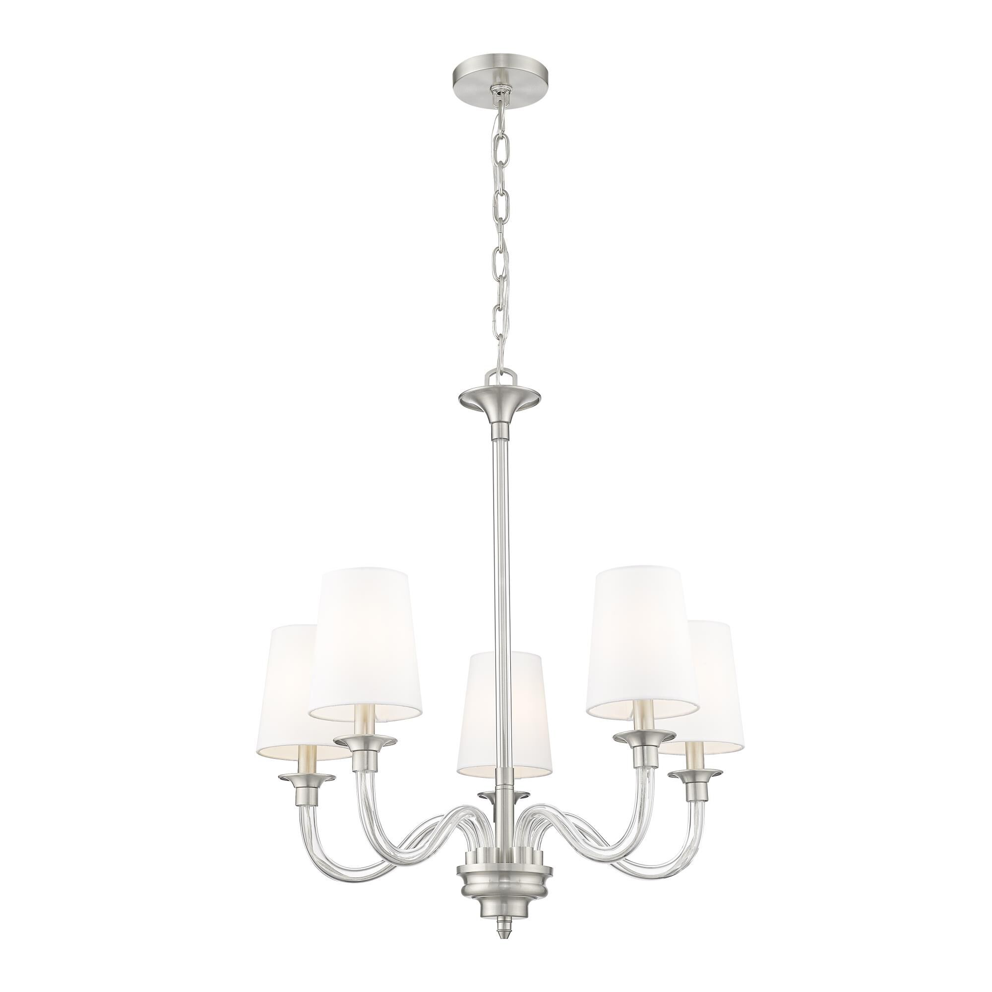 Shown in Brushed Nickel finish and White glass and White shade